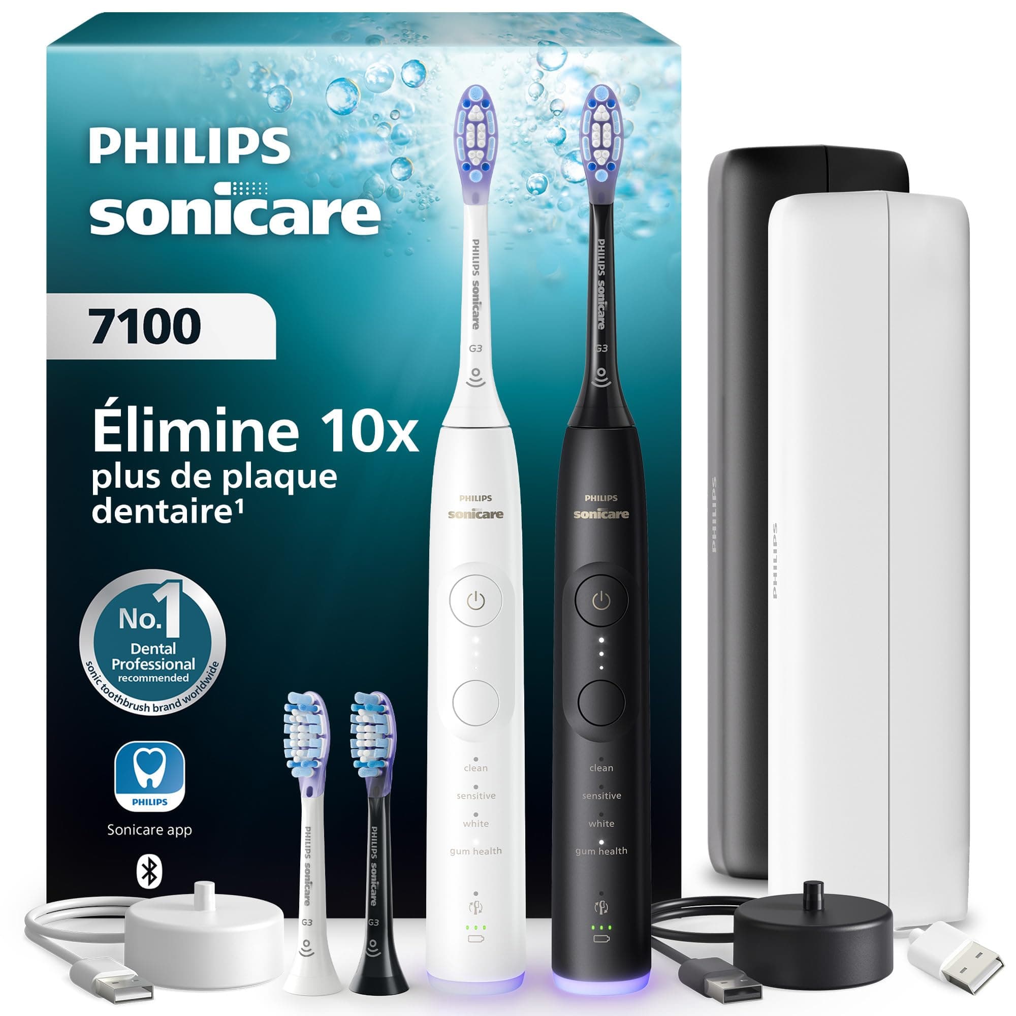 Brosse à dents électrique Philips Sonicare série 7100 – Nouvelle génération, capteur de pression, 12 réglages, autonomie 21 j, étui de voyage avec chargeur, blanc et noir, pack de 2, modèle HX7429/04