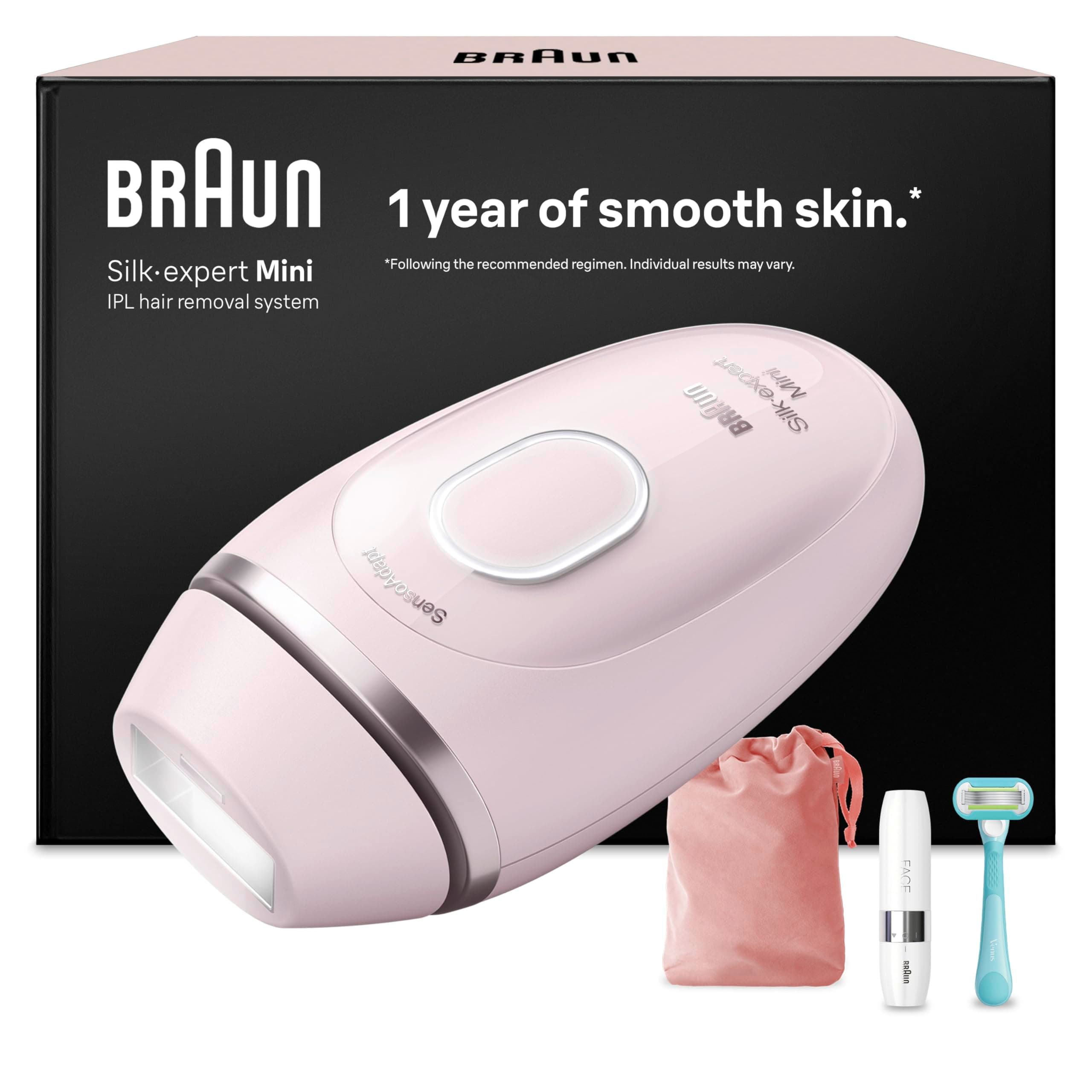 Braun Depiladora Luz Pulsada Silk·expert Mini, IPL, Depiladora Laser Para Mujer y Hombre, Con Funda, Mini Depiladora Facial Y Maquinilla Venus, Depilación Láser En Casa Para Cara Y Cuerpo, PL1112