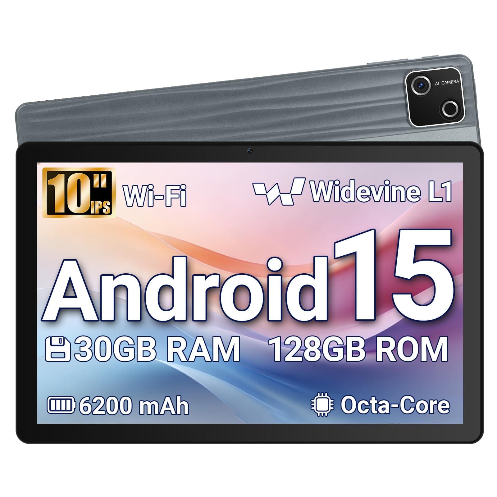 Wqplo Tablette 10 Pouces Android 15 certifiée GMS, 30Go RAM + 128Go ROM (2To TF), Octa-Core, 6200mAh, HD 1280x800, WiFi 6, BT 5.3, Widevine L1, 5MP+8MP, Tablet PC, Gris – 2026