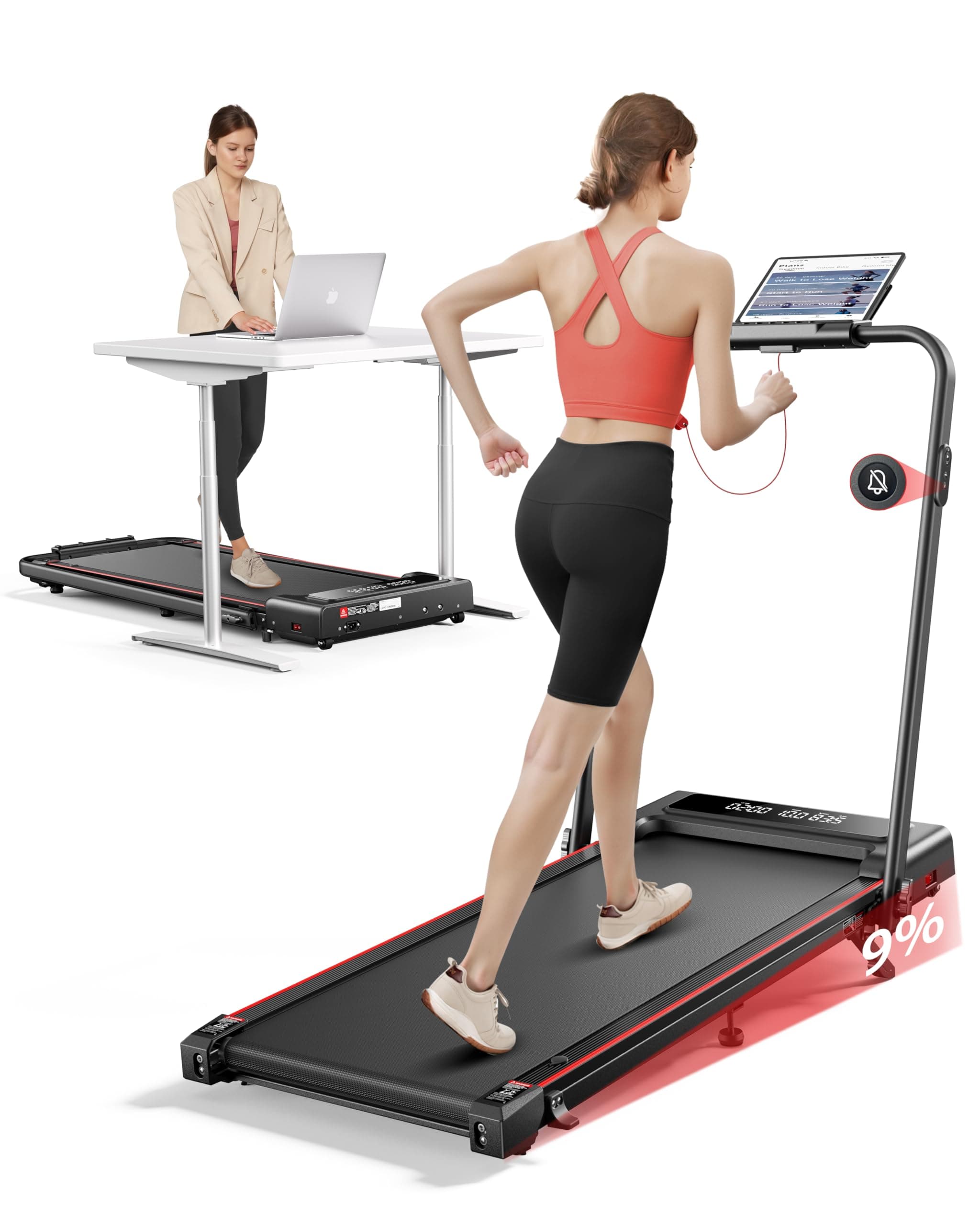 4en1Tapis de Course, inclinable de 9%,12km/h,Tapis de Marche Pliable,Foldable Treadmill,Walking Pad,Compact et Portable,2.5 HP, Peut être placé sous Le canapé,Double écran LED, adapté au Bureau