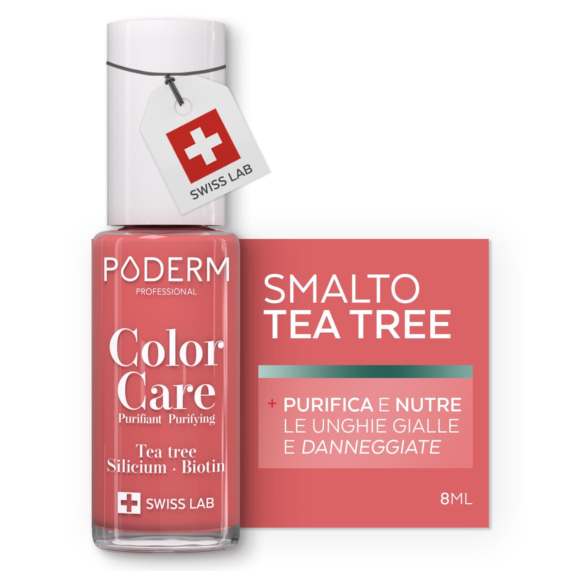 PODERM Smalto Cura per Unghie con Tea Tree - Rosa Corallo | Swiss Lab - 8ML | Arricchito con Tea Tree, Silicio & Biotina | Purifica, Schiarisce & Nutre le Unghie Gialle | Creato da una Podologa