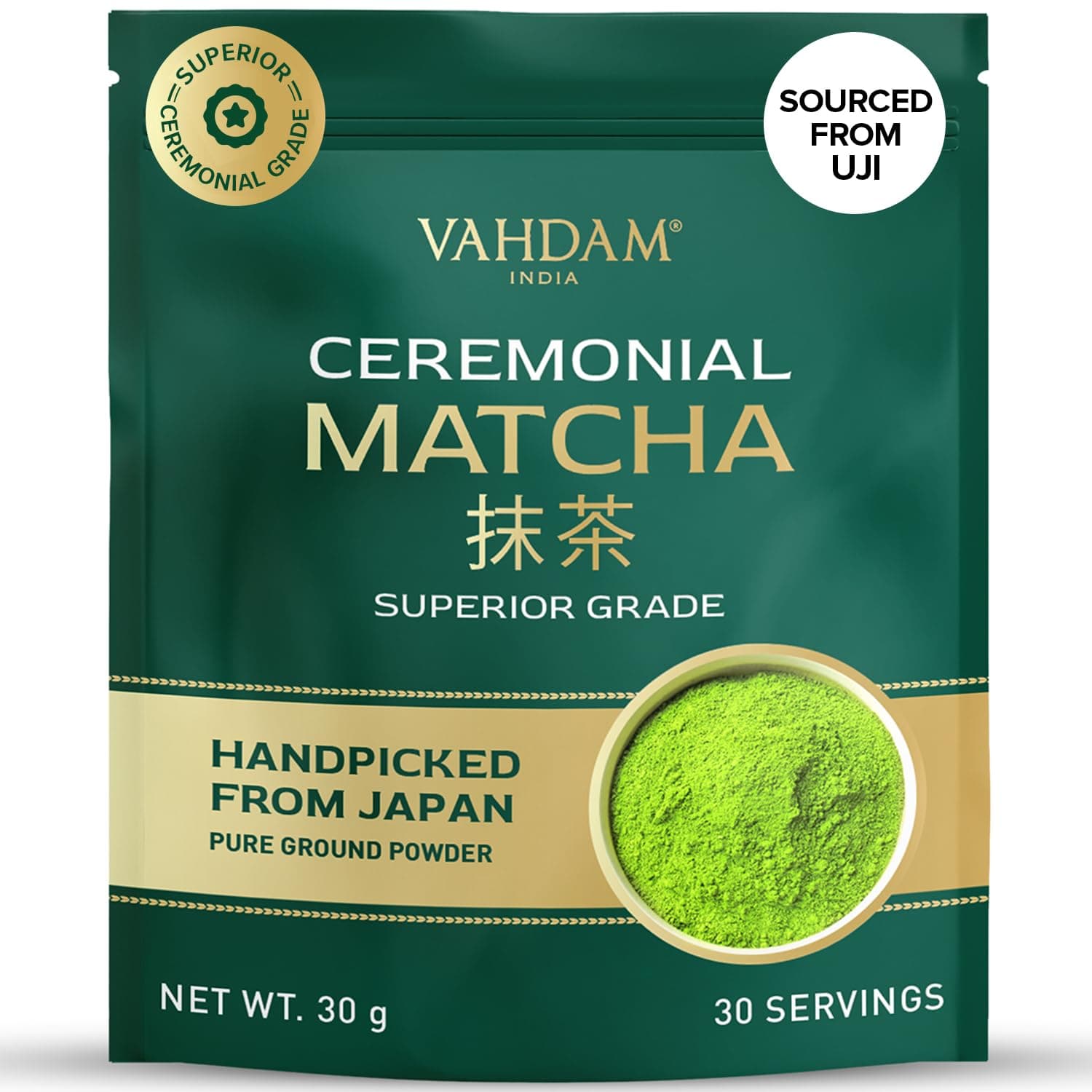 VAHDAM Matcha Cerimoniale 30g | Autentico Matcha Ceremonial Grade da Uji, Giappone | Polvere Ultra-Fine e Vellutata | Senza Amaro, Aroma Fresco