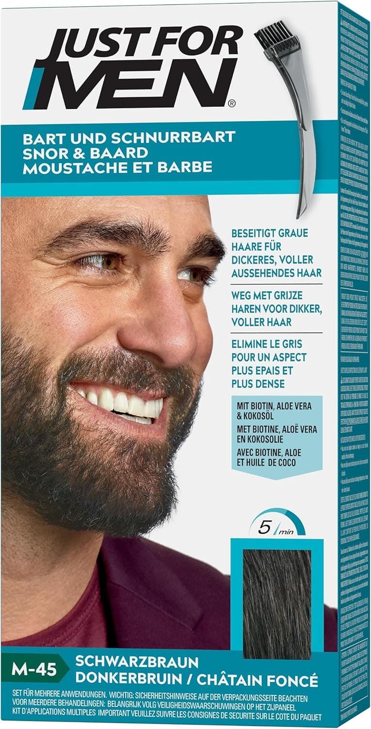 Just For Men Barbe & Moustache, coloration Barbe Homme, Naturel, Sans Ammoniaque, Élimine les Poils Gris, Avec Peigne Applicateur, Couleur Châtain Foncé M45