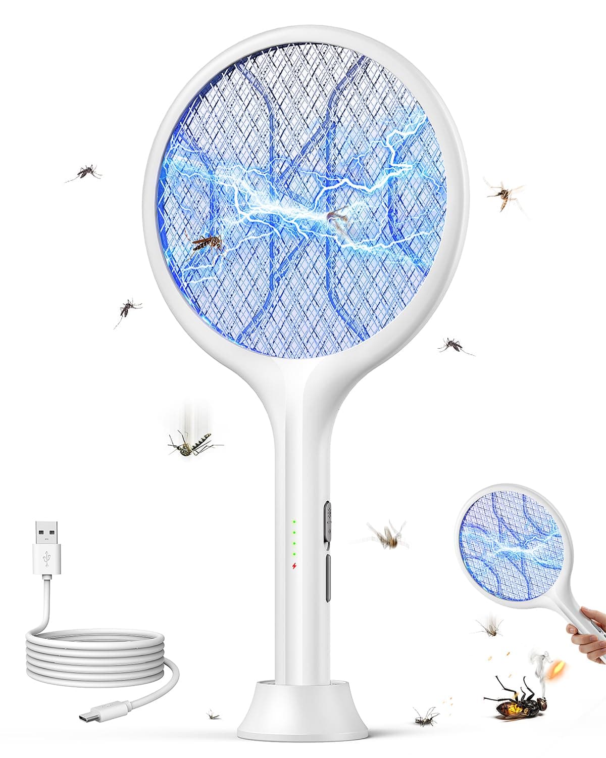 VIWAVE Raqueta Mosquitos Electrica 4000V, Matamoscas Electrico Recargable USB-C 1800mAh con Luz UV, Raqueta Antimosquitos 2 en 1 con Base Estable, Malla de Seguridad de 3 Capas, Blanco