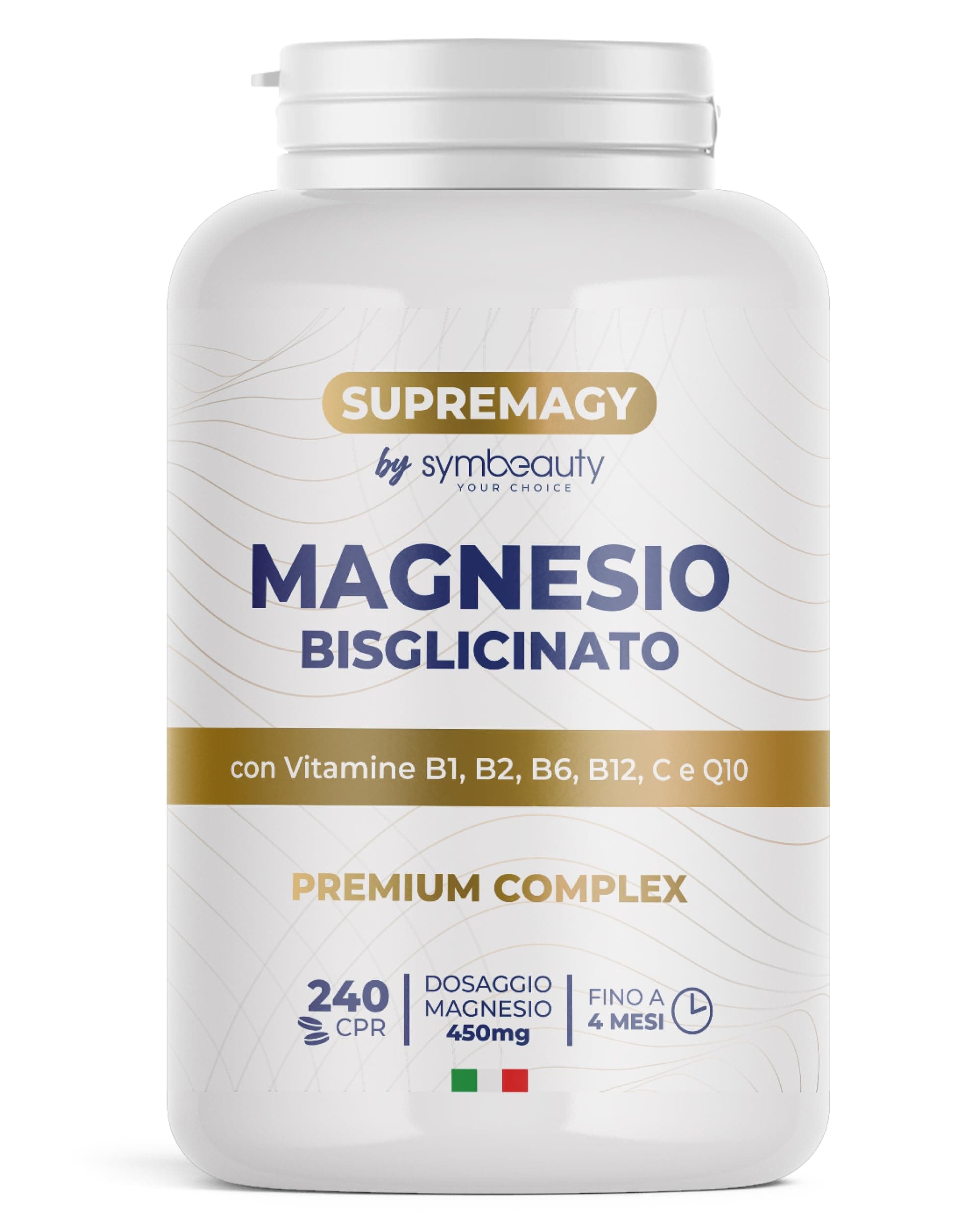 SUPREMAGY MAGNESIO BISGLICINATO 450mg (Fornitura 4 Mesi) 240 CPR - Magnesio Completo | Vitamina B12, B1, B2, B6, C e Coenzima Q10 | Integratore Stanchezza