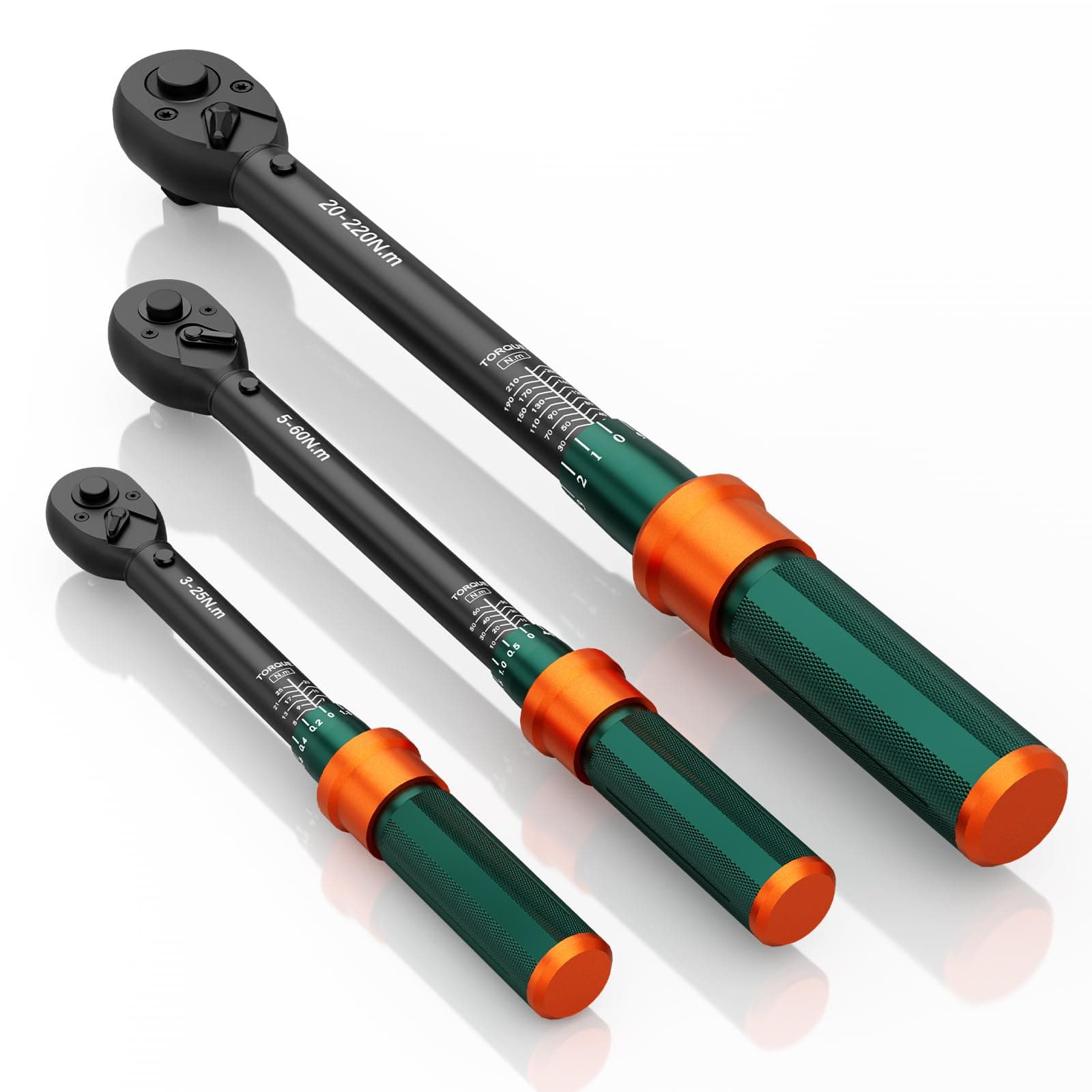 NADOKHI Llave Dinamométrica 1/4" & 3/8" & 1/2", 3 Piezas Llave Dinamométrica Juego 3-25Nm/5-60Nm/20-220Nm con Cabezal Reversible de 72 Dientes, Precisión de ±3%, para Coche, Bicicleta, Moto etc