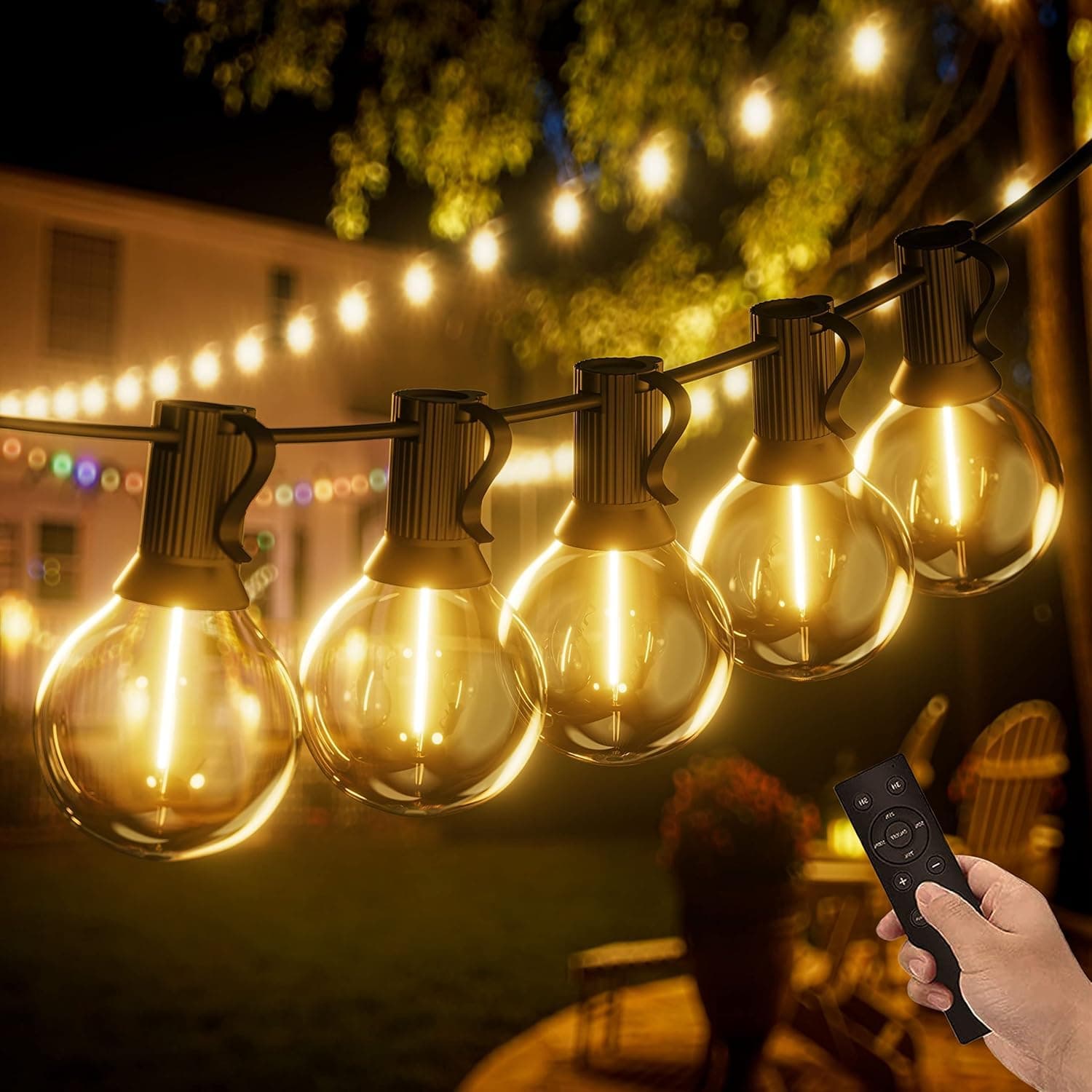 Yuucio Guirnaldas Luces Exterior Regulable 30M, Guirnalda Luminosas con Control Remoto 50+2 G40 LED Bombillas, Cadena de Luz Impermeable para Garden, Jardín, Terraza(2X15M)