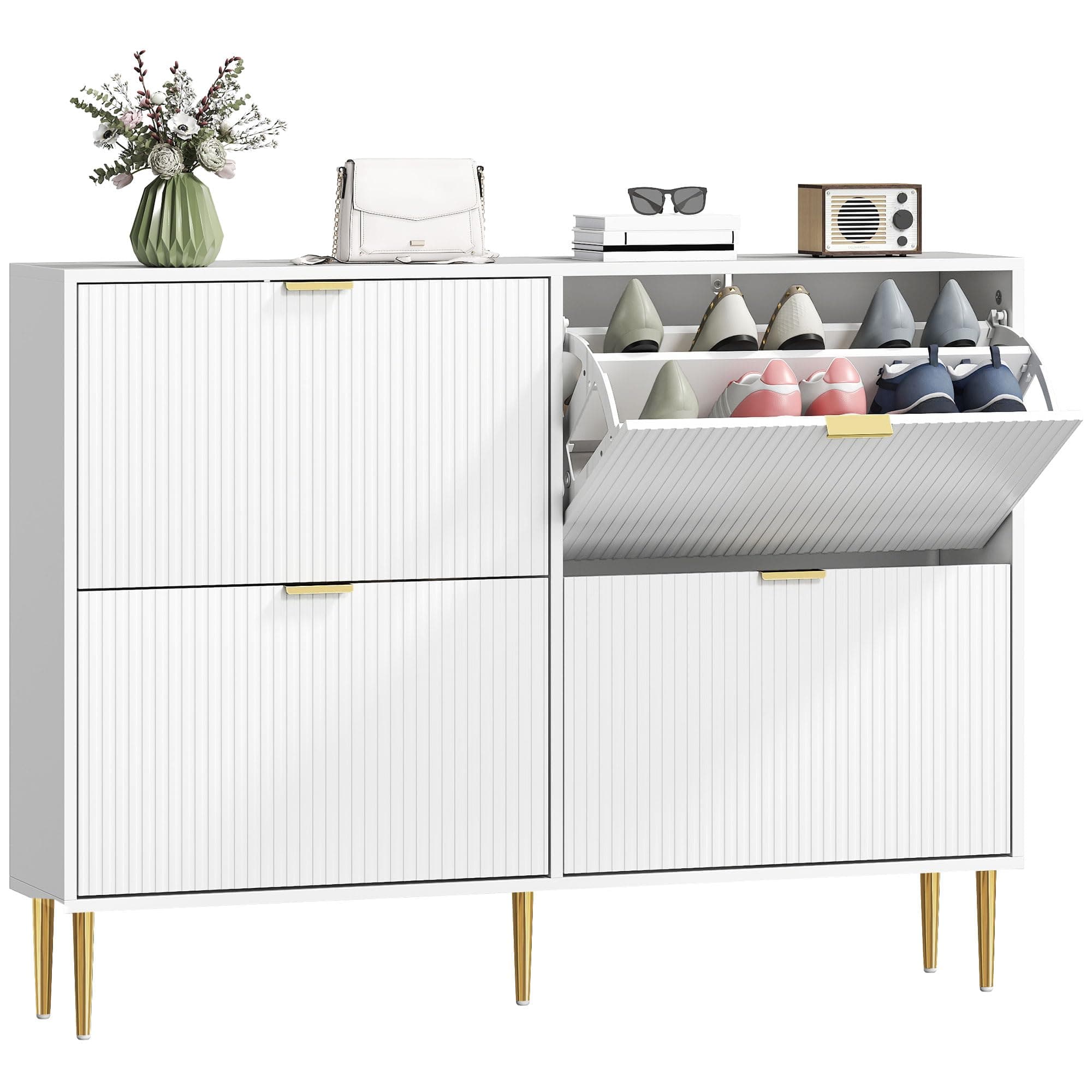 HOMCOM Meuble à Chaussures 20 Paires, Armoire à Chaussures étroite Moderne avec 4 tiroirs rabattables, Portes cannelées et étagères réglables, pour Couloir et entrée, 105 x 24 x 91,5 cm, Blanc