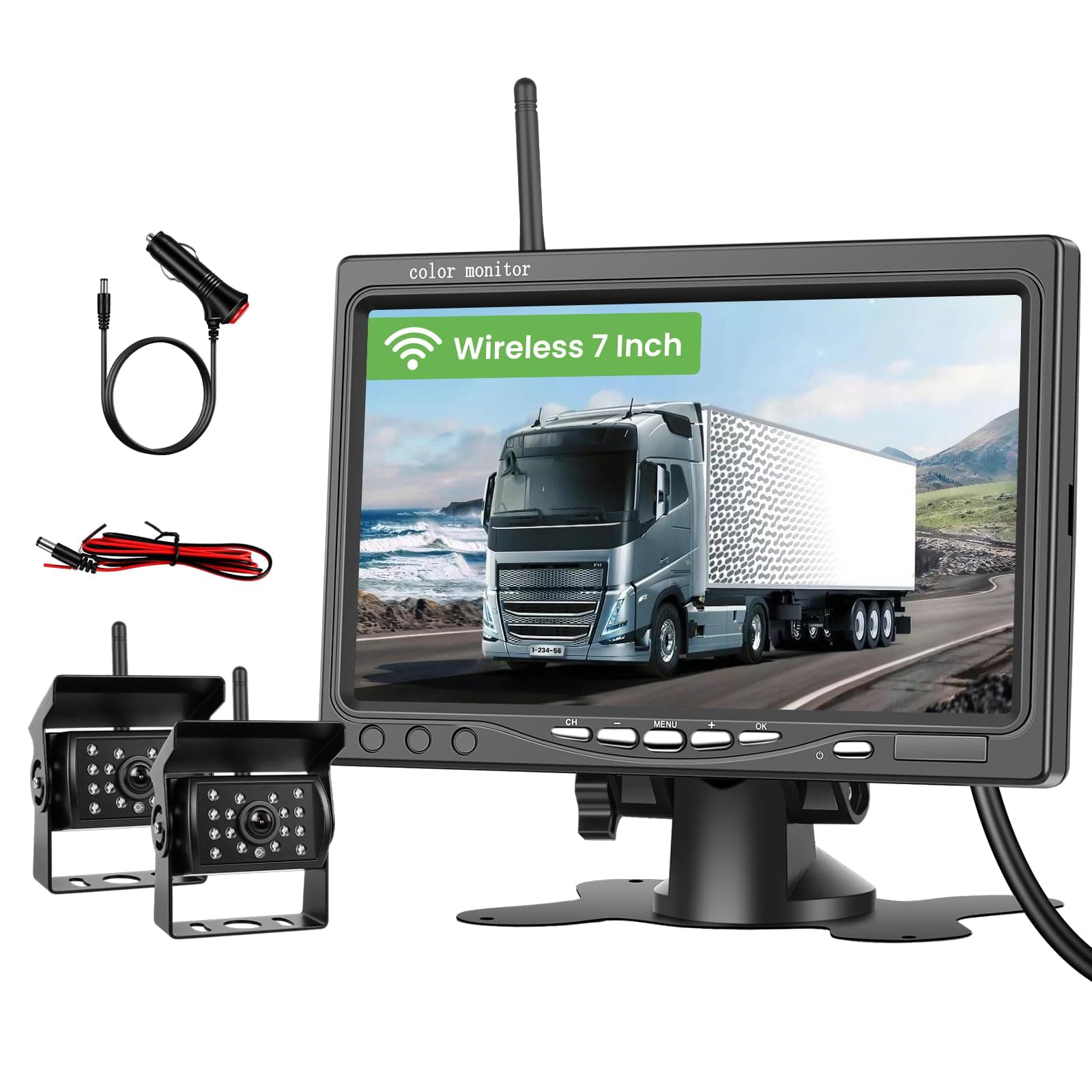 Realdio Set Doppia Retrocamera Wireless 1080P, Monitor 7 Pollici | Visione Notturna IP68, BSD, Linee Guida Regolabili e 12-36V per Camper, Auto, Camion, Bus, Furgone e Roulotte