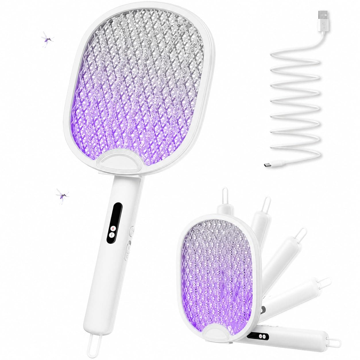 WOCVRYY Raquette Moustique Électrique Insectes – 4000V Haute Tension Pliable 180° Batterie 1800mAh Rechargeable 3 Modes Grille Sécurité Multicouche pour Maison Jardin Camping
