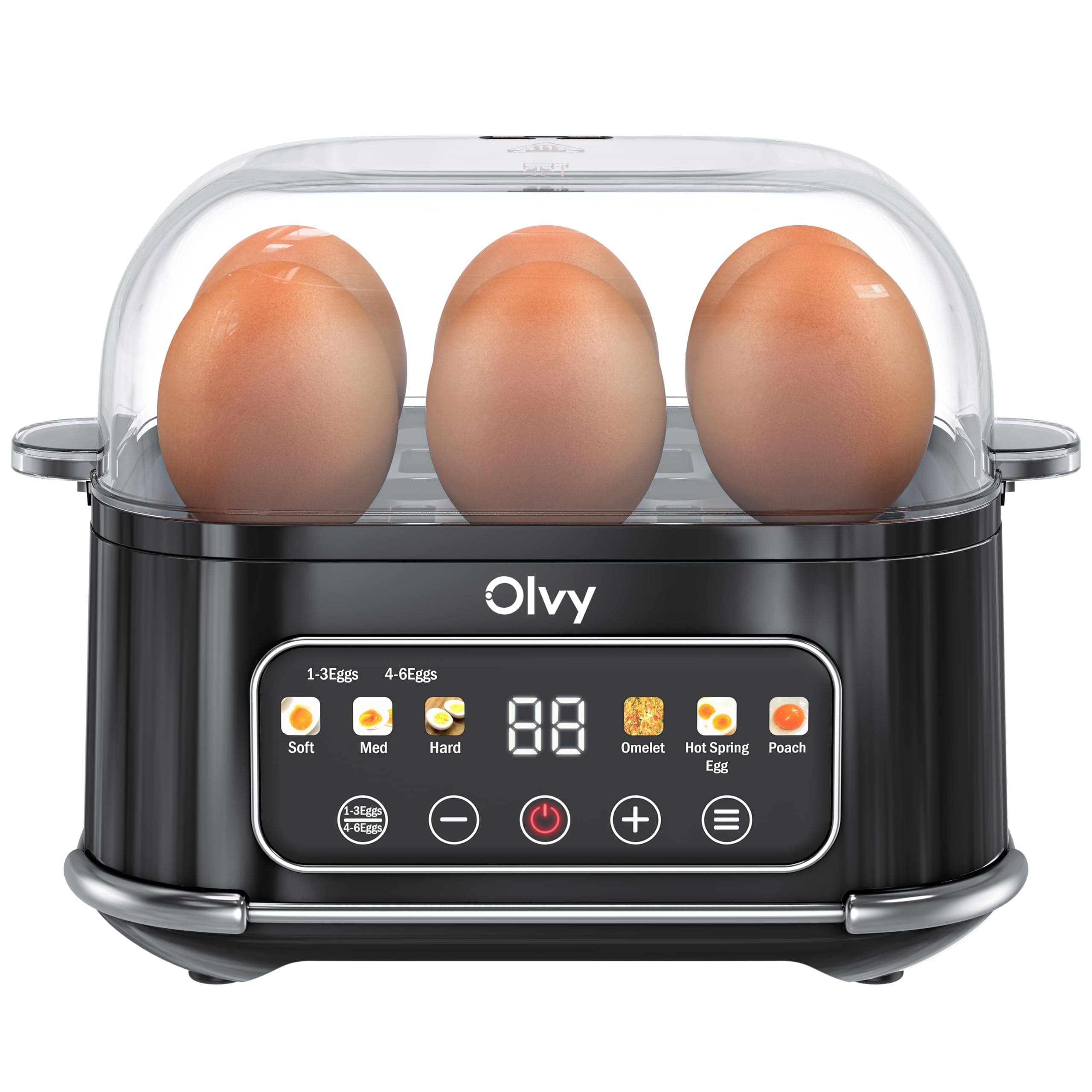 Cuiseur œuf électrique Olvy 6-en-1 avec minuteur LCD – cuit œuf coque, bouilloire et cuiseur vapeur – arrêt automatique, pièces lavables au lave-vaisselle – cuiseur à œufs pratique et rapide