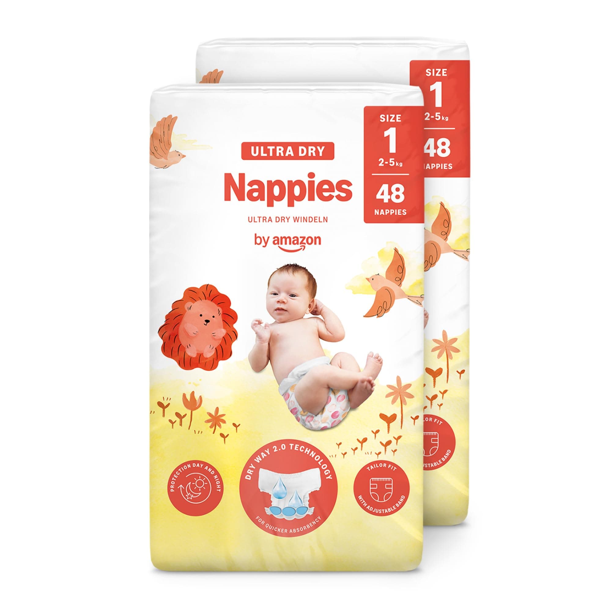 by Amazon Ultra Dry Nappies - Taglia 1 (2-5kg) - con Canali - 96 Pannolini (2 Confezioni da 48) (Stesso Prodotto Commercializzato in Precedenza con il Marchio Mama Bear)