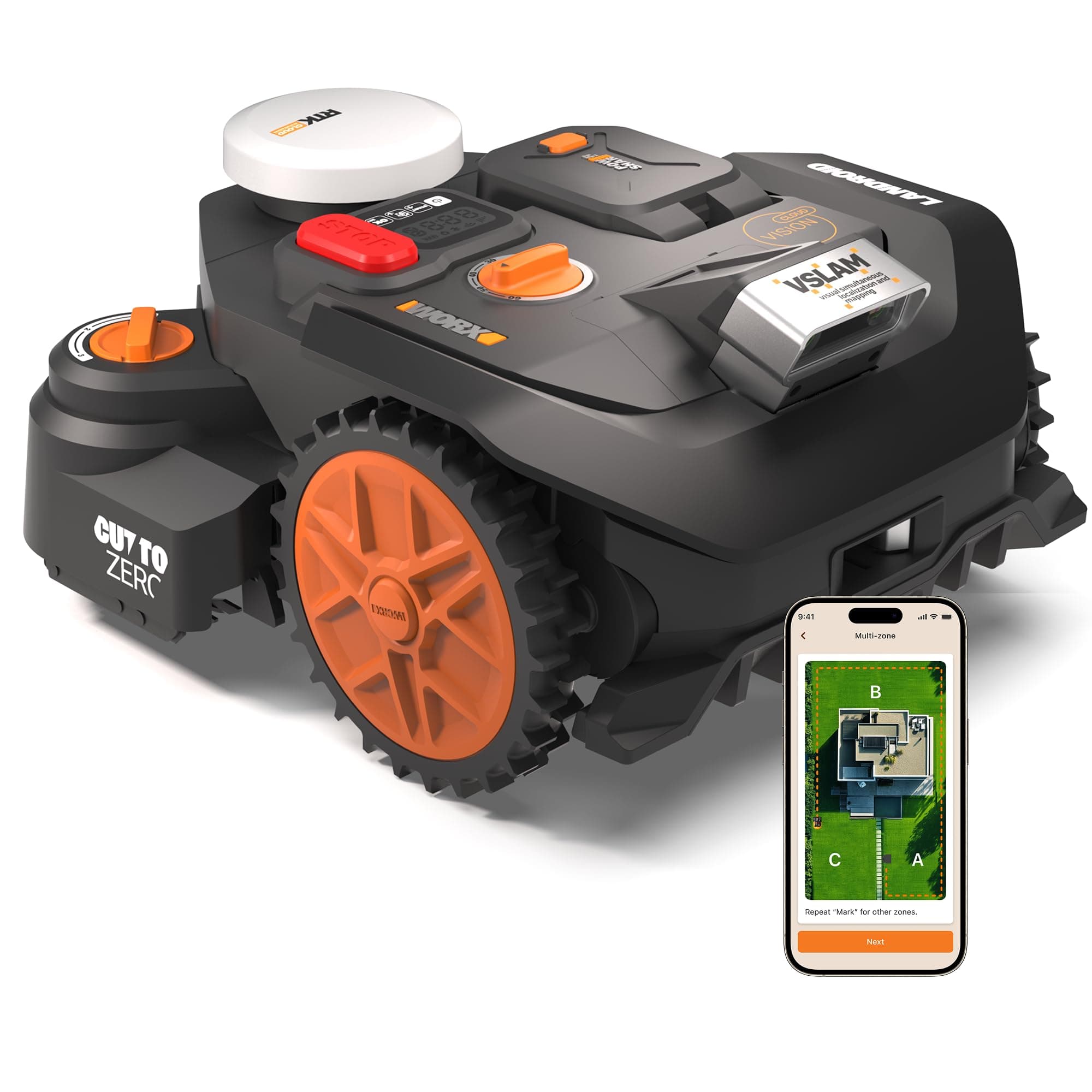 WORX Landroid Vision Cloud WR306E 2WD Mähroboter ohne Begrenzungskabel für 600 m² (KI-Hinderniserkennung, VSLAM+ RTK Cloud Navigation, Auto-Mapping, App-Steuerung, Cut-to-Zero)
