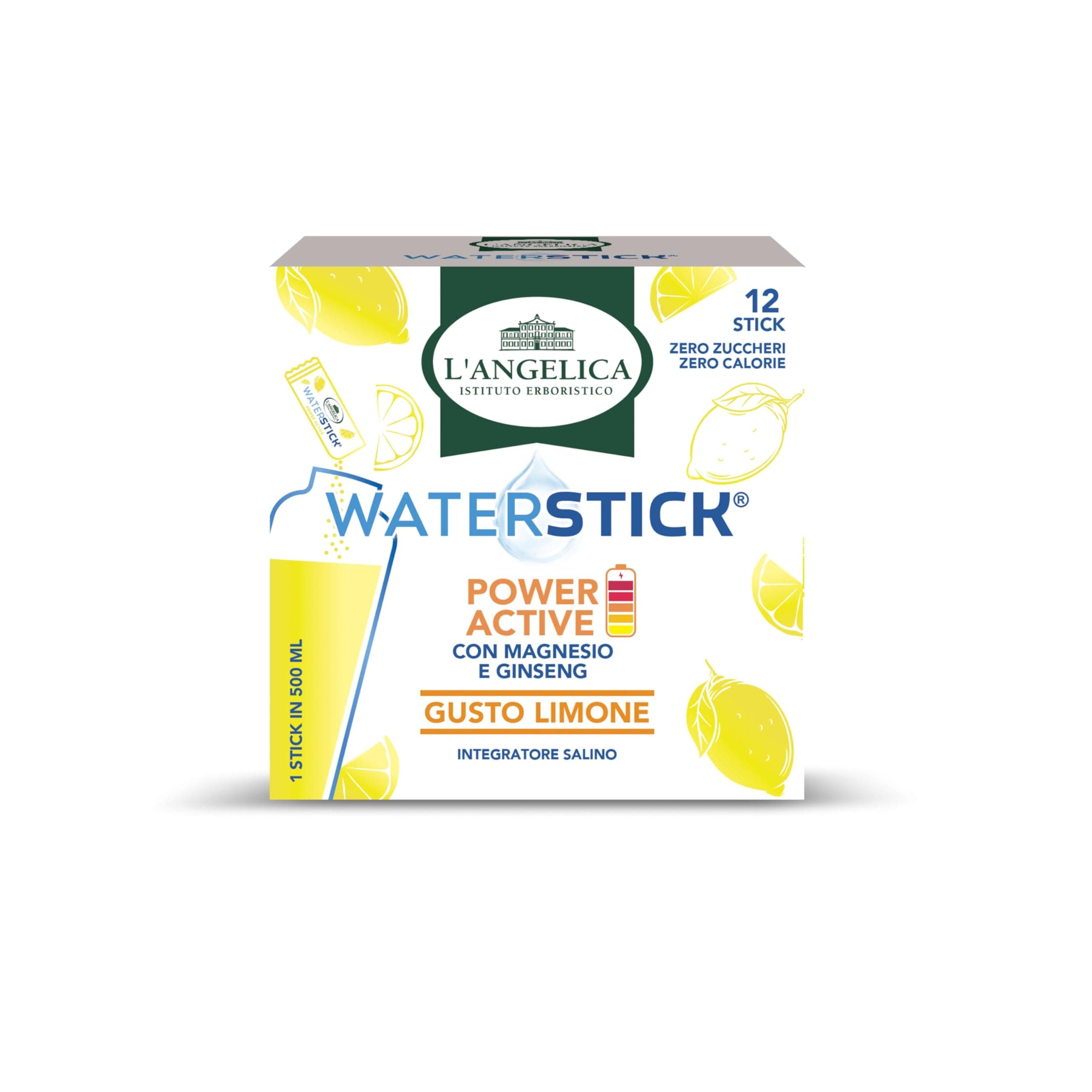 L'Angelica, Waterstick, Gusto Limone, Power Active, Con Vitamine, Magnesio, Ginseng, Contro Stanchezza e Affaticamento, Zero Zuccheri, Zero Calorie, Senza Conservanti, 1 Astuccio da 12 Stick