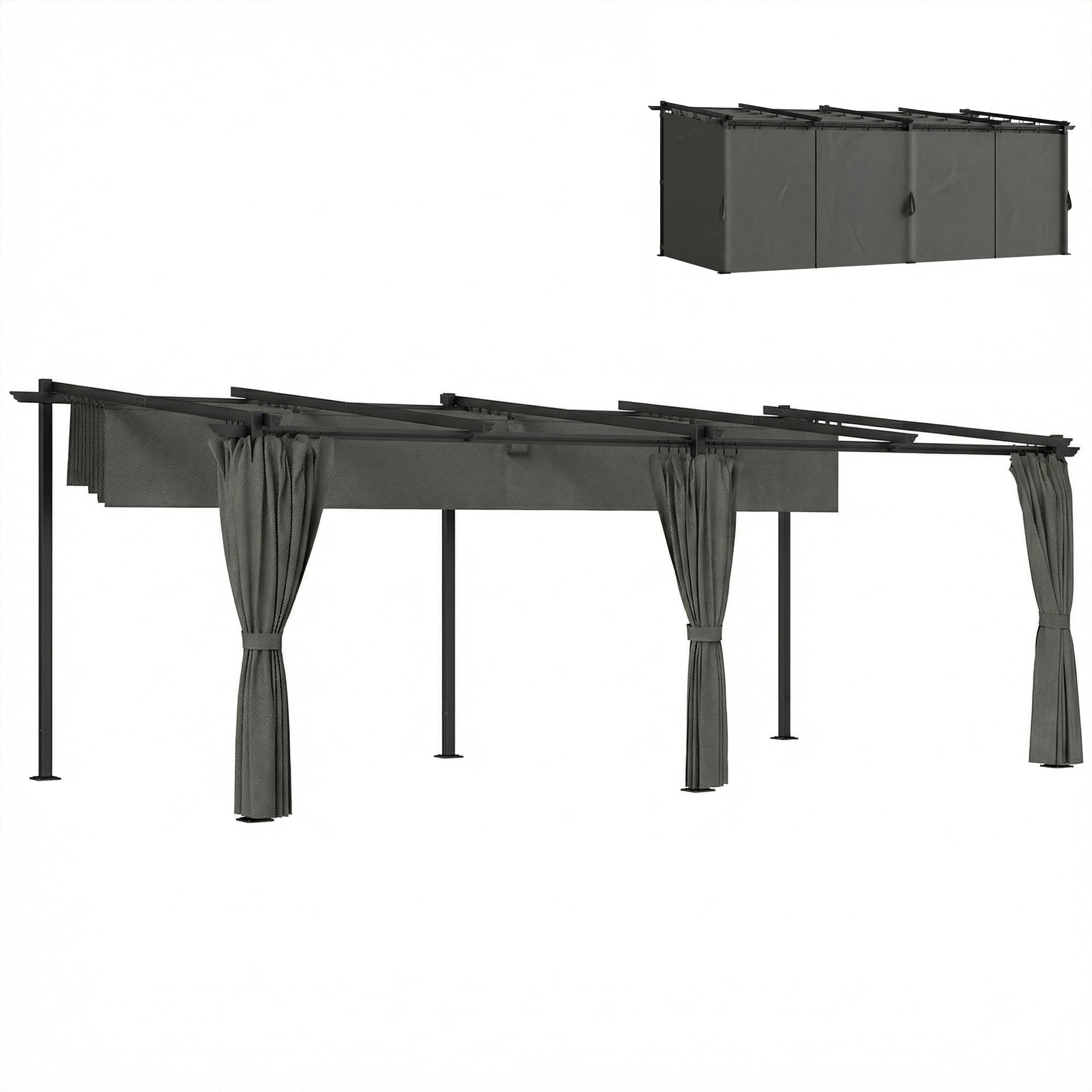 Outsunny Pergola rétractable 3 x 6 m avec Rideaux latéraux, tonnelle de Jardin en métal avec Protection Solaire UPF30+, abri pour terrasse, Patio, Gris foncé