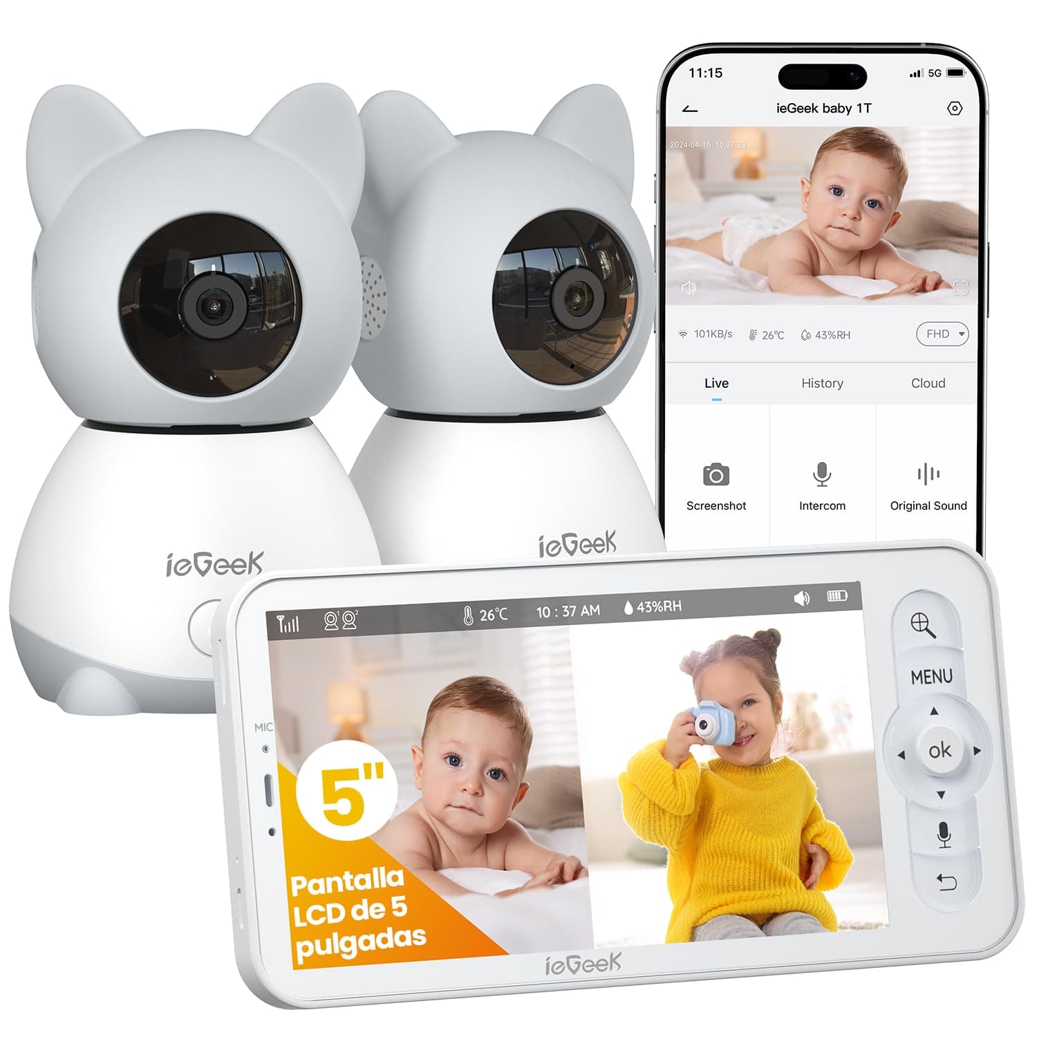 ieGeek Cámara Vigilancia Bebé 2K/3MP con 2 Cámaras, Monitor Bebé Pantalla 5" Dividible, Vigilabebés con Detección de Movimiento, Monitor de Temperatura, Audio Bidireccional, Visión Nocturna