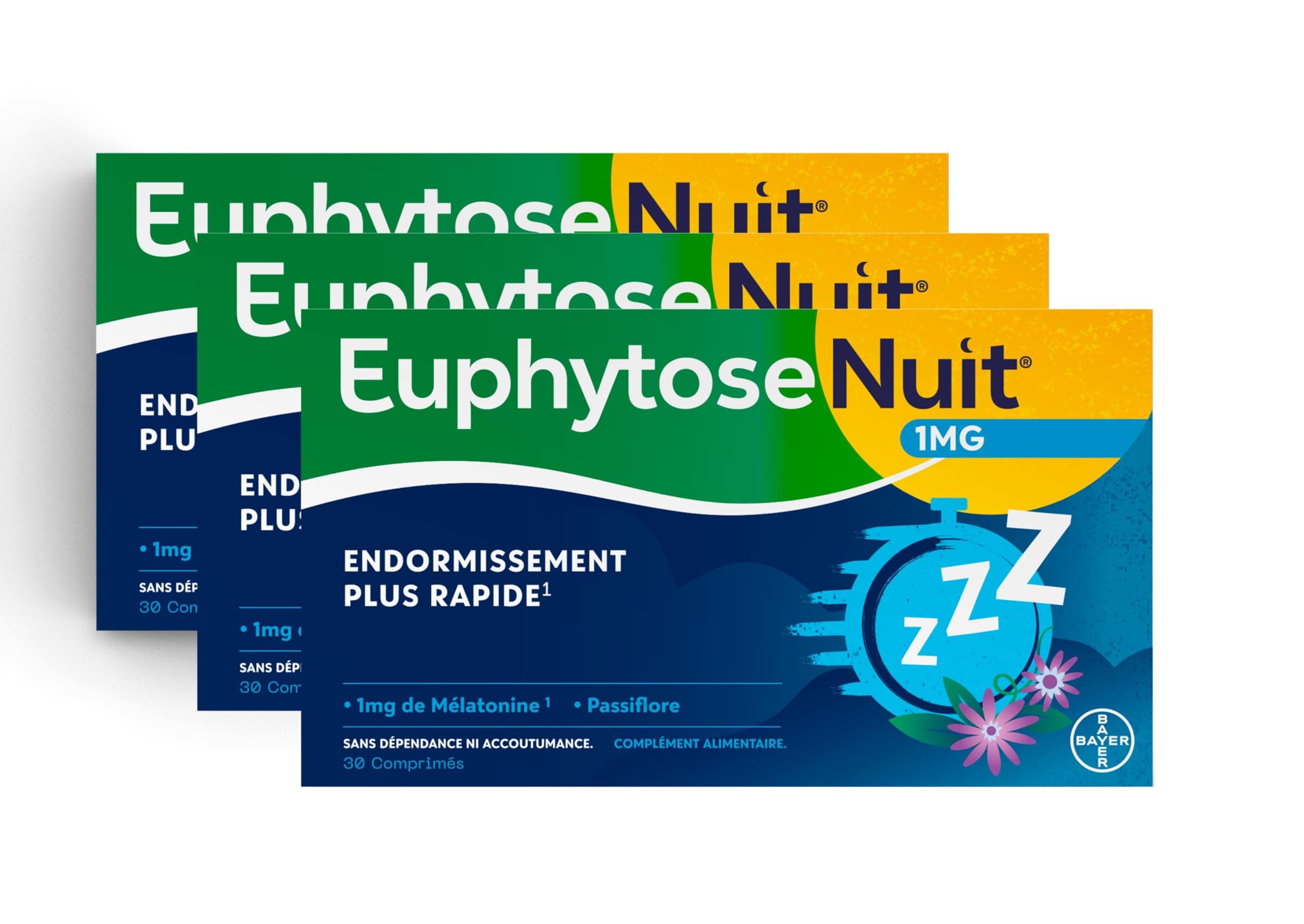 EuphytoseNuit - Complément alimentaire adulte - Mélatonine 1mg - Endormissement plus rapide - Passiflore : Sommeil de qualité - 3 Packs de 30 Comprimés - 90 nuits de sommeil - Fabriqué en France