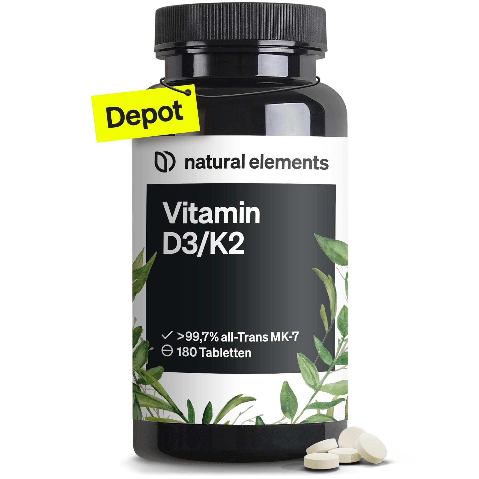natural elements Vitamin D3 + K2 Depot – 180 Tabletten – Premium-Qualität: K2VITAL® von Kappa – 99,7+% All-Trans K2-MK7 + 5000 IE Vitamin D3 – hochdosiert, ohne Zusätze – laborgeprüfte Qualität
