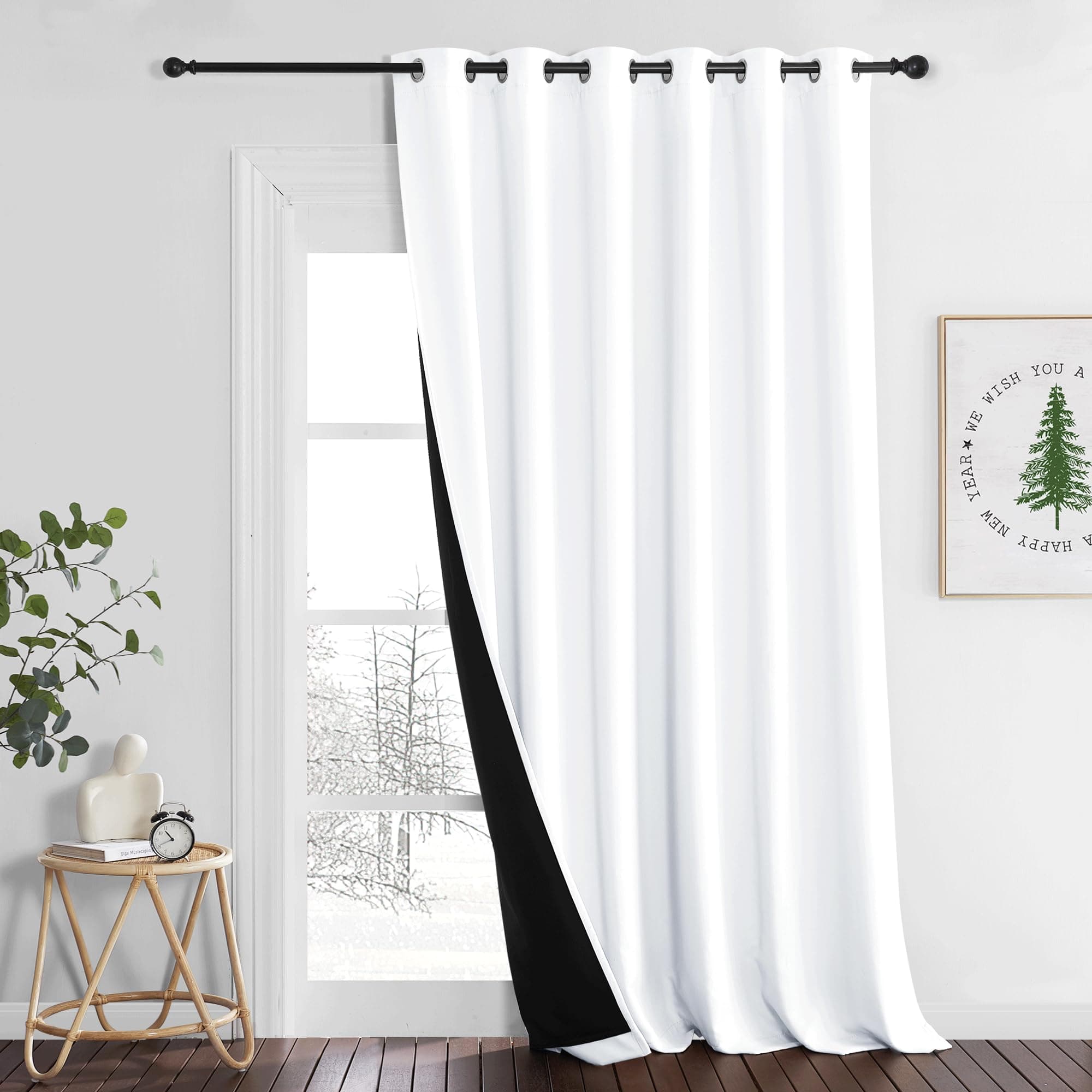 PONY DANCE Rideau Thermique - Grand Largeur Rideau Occultant Blanc à Oeillets anvc Noir Doublure 100% Lumiere Bloquer Anti Bruit Anti Froid Chaleur, 200cm L sur 245 H, Blanc Pur, 1 PC