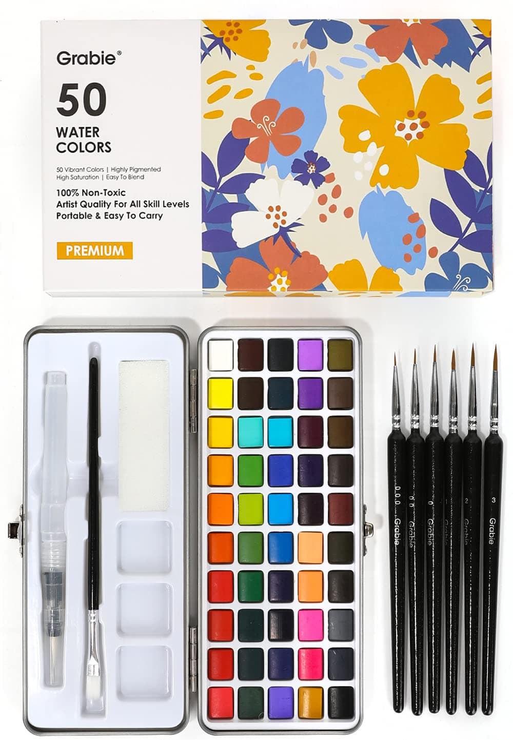 Grabie Ensemble de peinture aquarelle, idéal pour la peinture, 50 couleurs, pinceau de détail inclus, fournitures artistiques, pour artistes, amateurs et amateurs de peinture