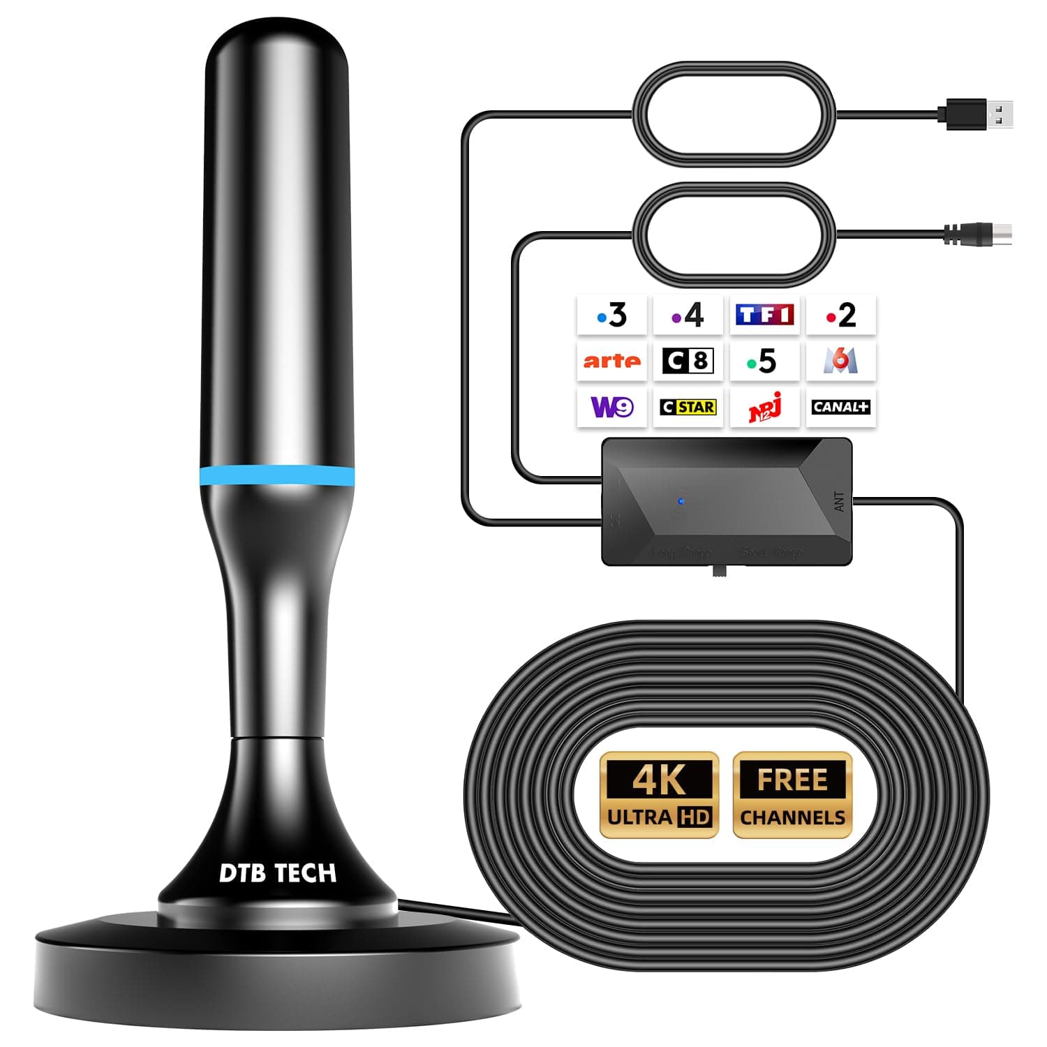 Antenne TV Intérieur Puissante, 2026 Antenne TV Intérieur avec Amplificateur de Signal Intelligent, Antenne Interieur TNT Puissante Réception 360° Portée 600km, 4K HD/1080P Les Chaînes Gratuites, Bleu