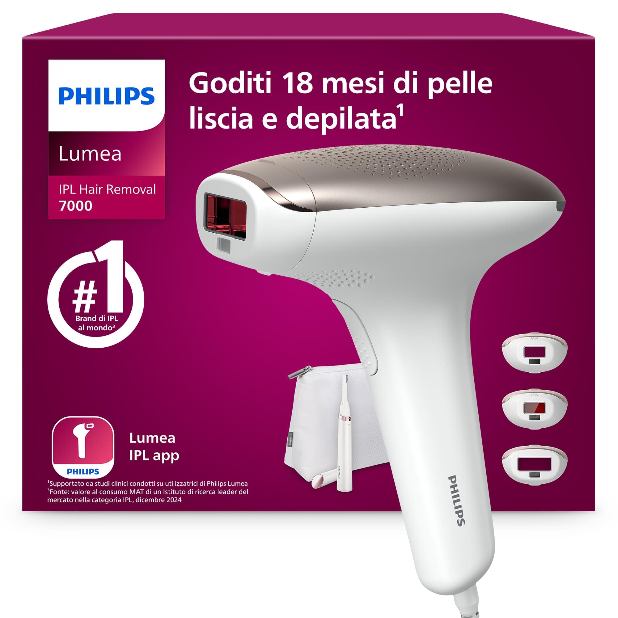 Philips Lumea 7000 Series, dispositivo di epilazione IPL, alternativa ai dispositivi di epilazione laser, con rifinitore a penna Satin Compact, 3 accessori per viso, corpo e zona bikini, BRI923/00