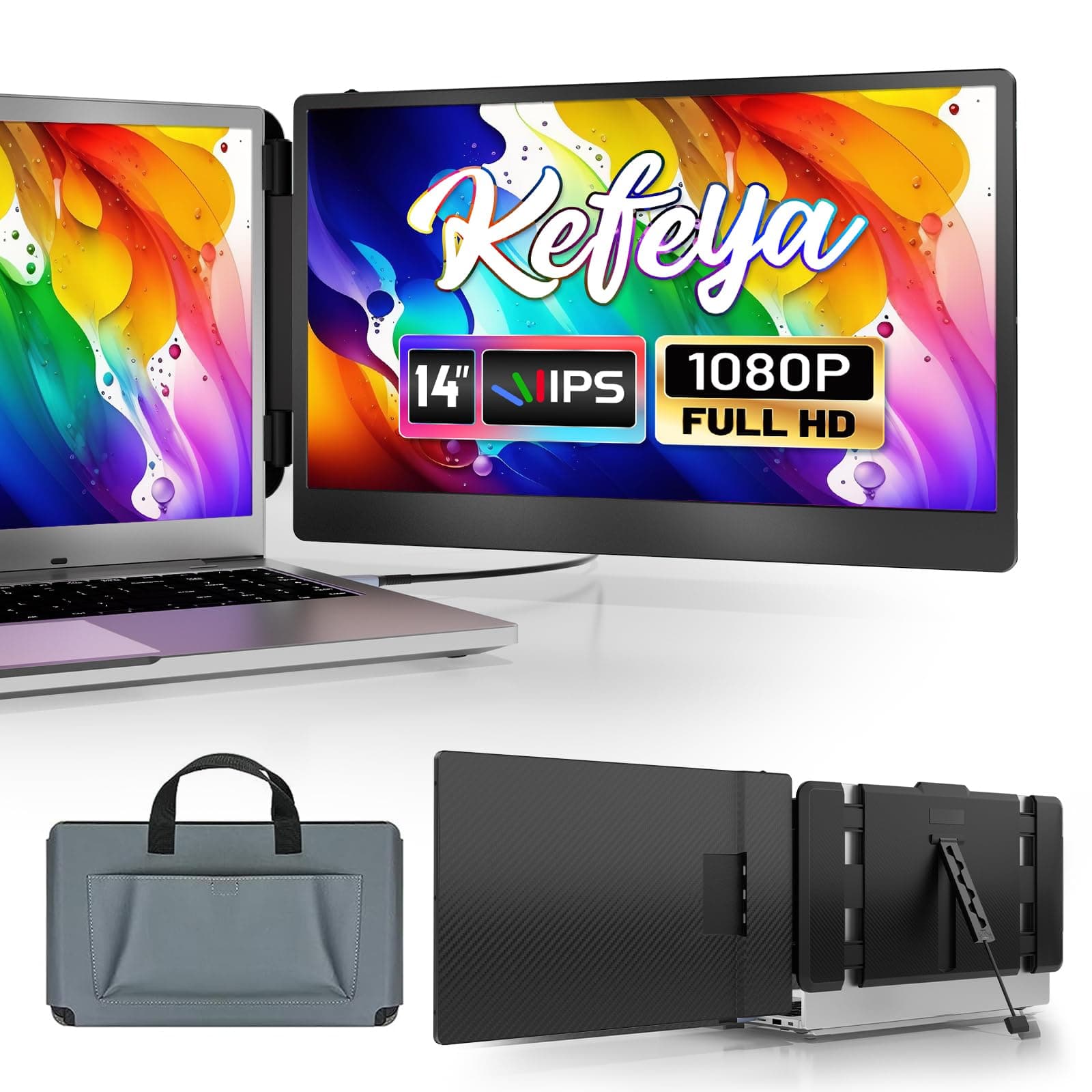 KEFEYA Monitor Portátil para Portátil, Extensor de Pantalla para Portátil de 14" FHD 1080P IPS 300nit Doble Pantalla, Funciona con Mac Windows Android Chrome Linux, Altavoces Incorporados