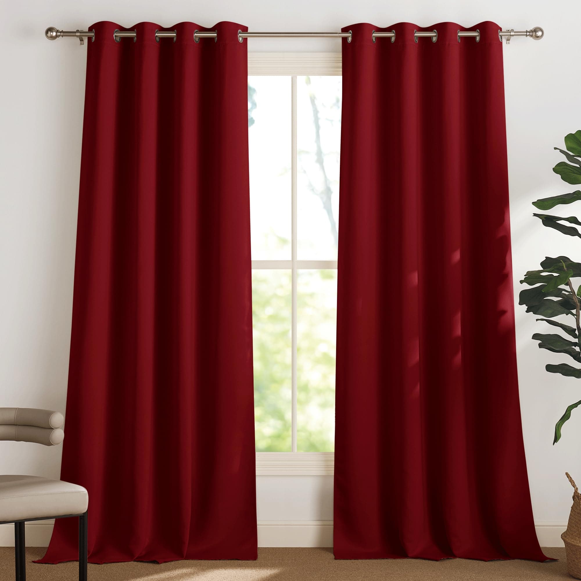 PONY DANCE Rideau Occultant - Tenture Draperies Isolant Thermiques Anti Froid Decoration Maison avec Oeillets Tissu Uni Solid Polyester, 2 Panneaux, L 140 X H 240 cm, Rouge Foncé