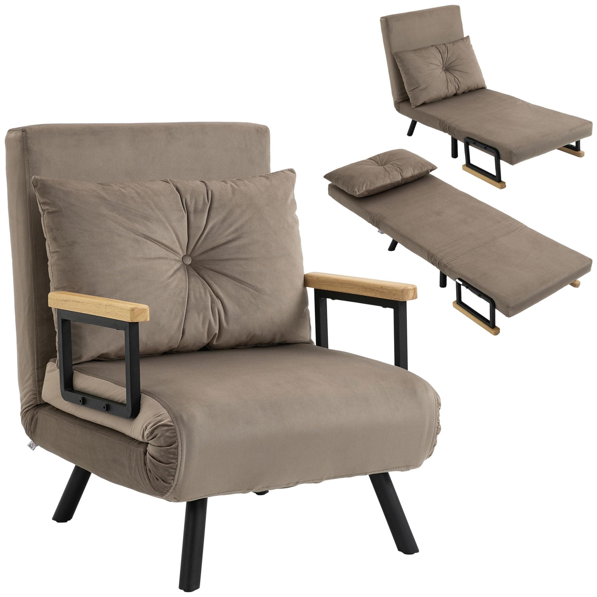HOMCOM Fauteuil Convertible 1 Place Oreiller Siège Rembourré Marron | Fauteuil-Lit Chauffeuse 3 en 1, Dossier Réglable 5 Positions, Tissu Aspect Velours, Canapé-Lit pour Invités, Salon, Bureau