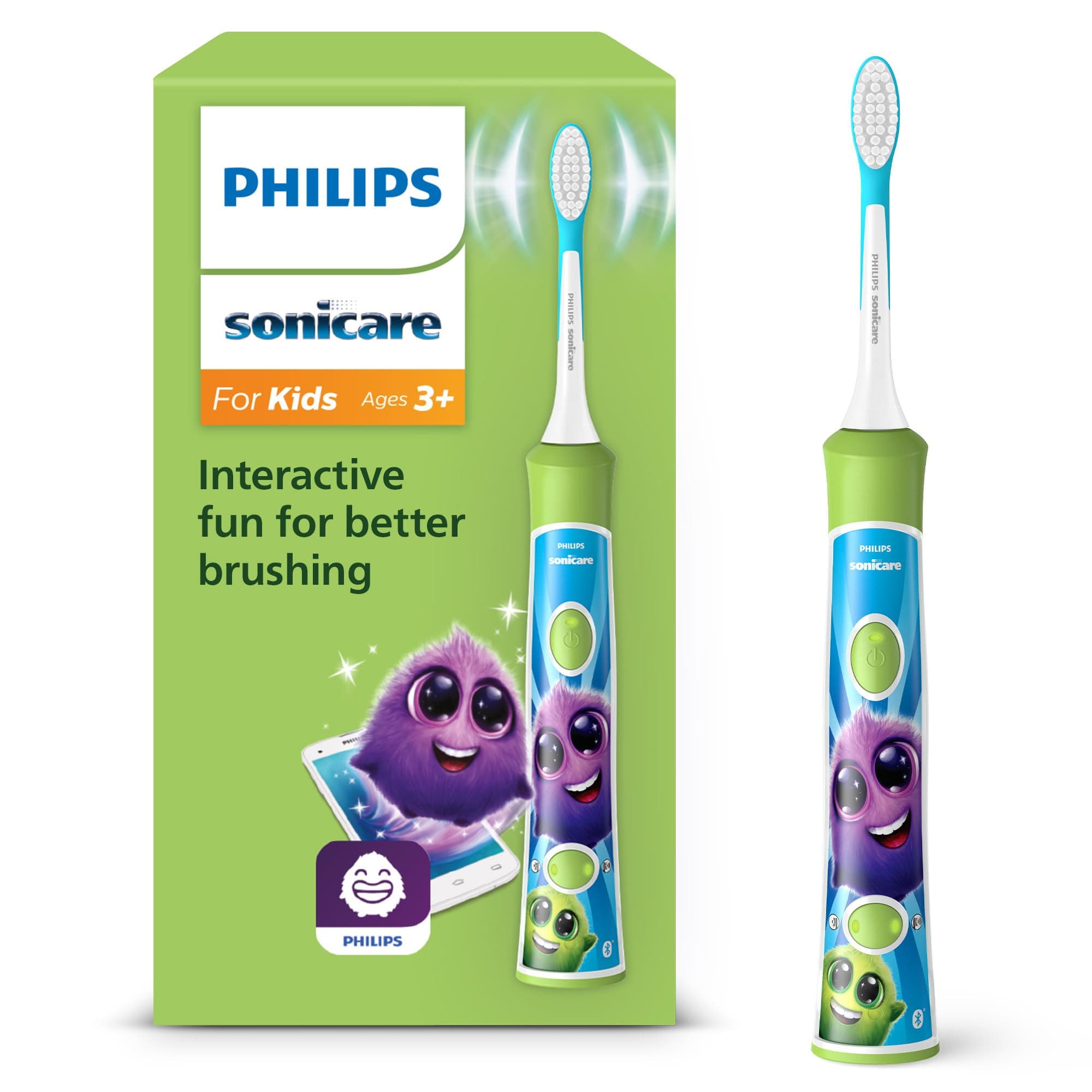 Philips Sonicare For Kids, elektrische Schallzahnbürste mit App, für Kinder ab 3 Jahren, mit SmarTimer und QuadPacer für eine gründliche Reinigung, Grün, Modell HX6352/11