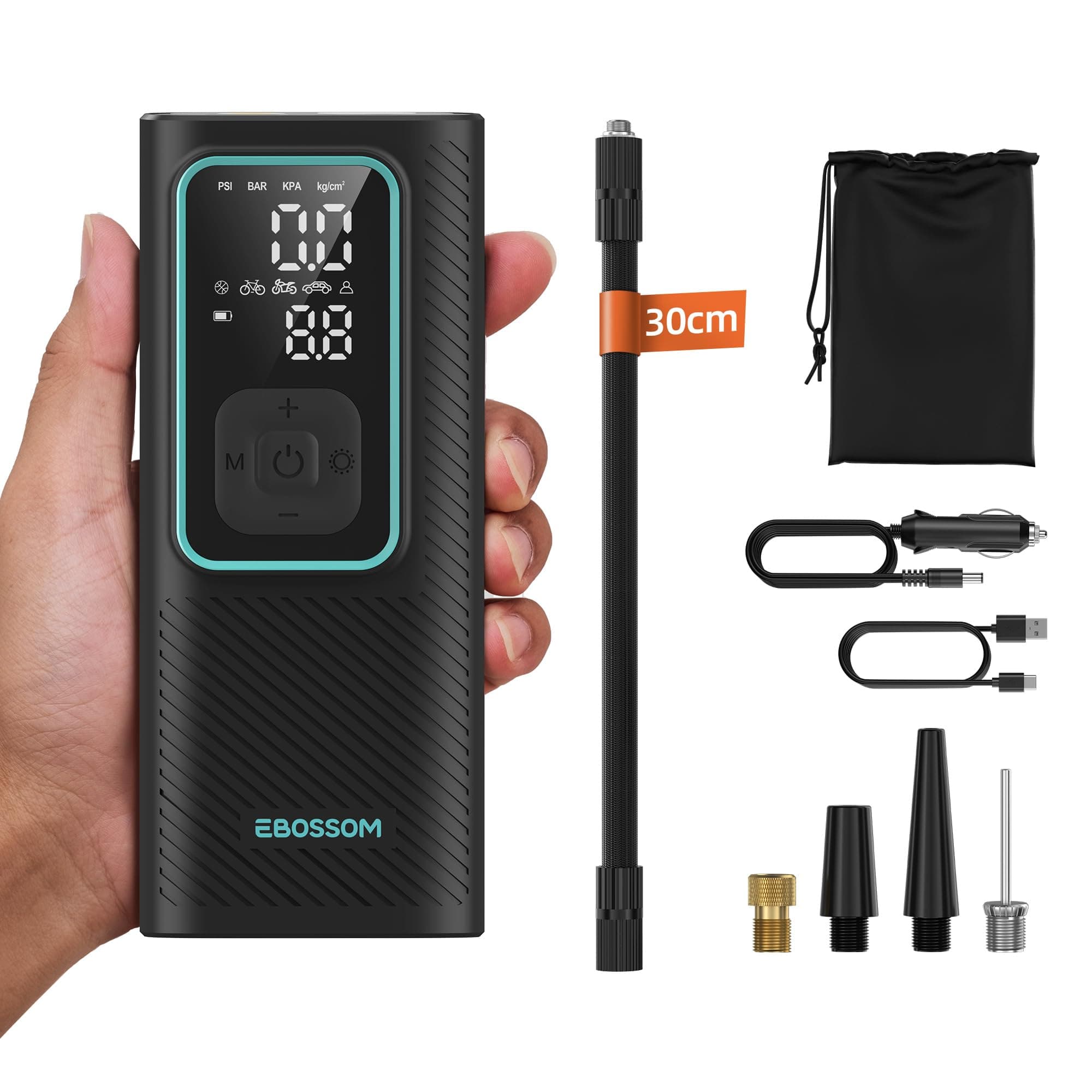 Compressore Aria Portatile, Mini Compressore Portatile 150PSI, Gonfiatore Elettrico a Batteria 6000mAh e 12V DC, Accessori per Auto, Moto, Bici, Pompa Elettrica con Luce LED e Arresto Automatico