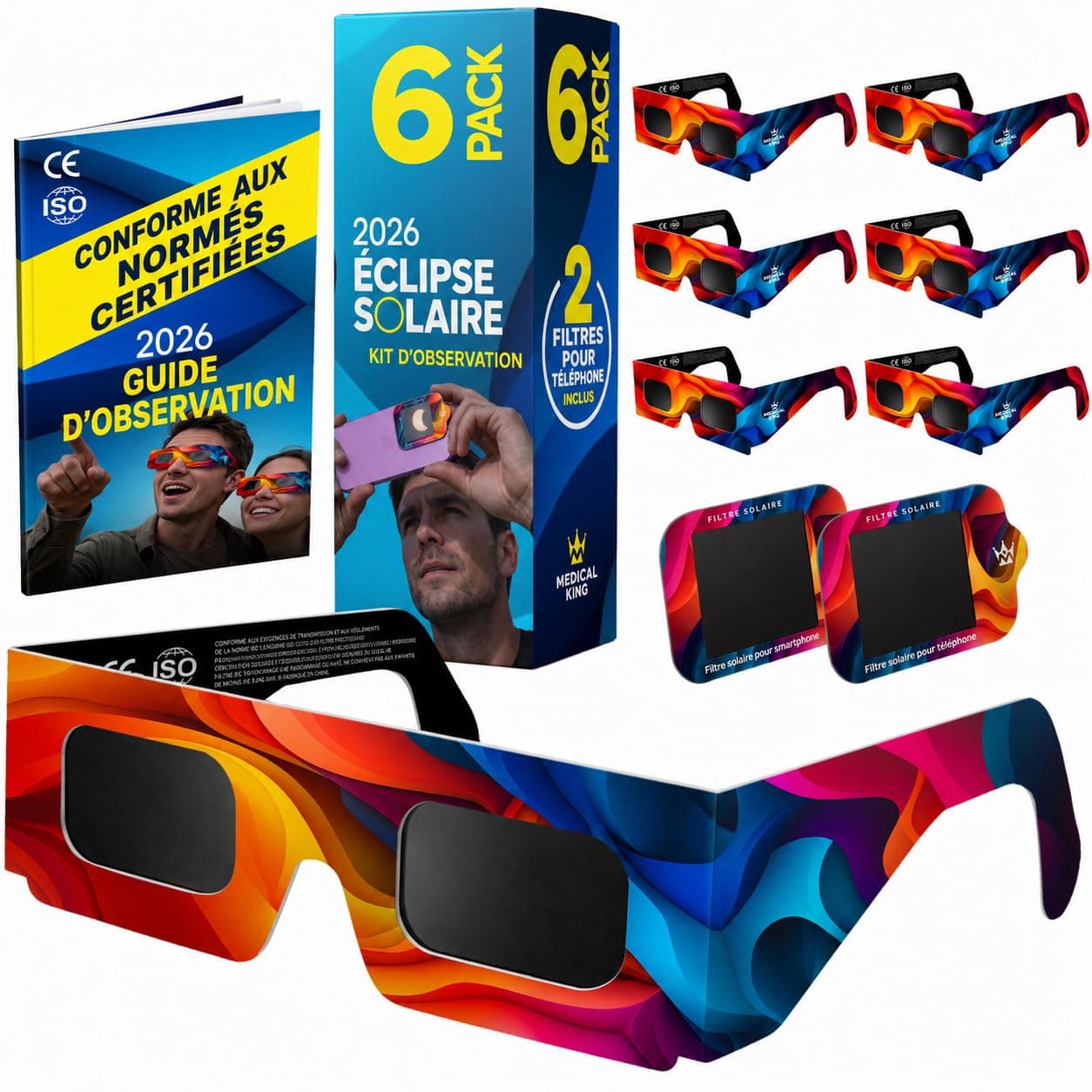 Lunettes Eclipse Solaire 2026 – Lot de 6 Paires Premium avec 2 Filtres Solaires pour Smartphone, Lunettes Eclipse Solaire ISO 12312-2, Certifiées CE, Protection des Yeux pour l'Observation du Soleil