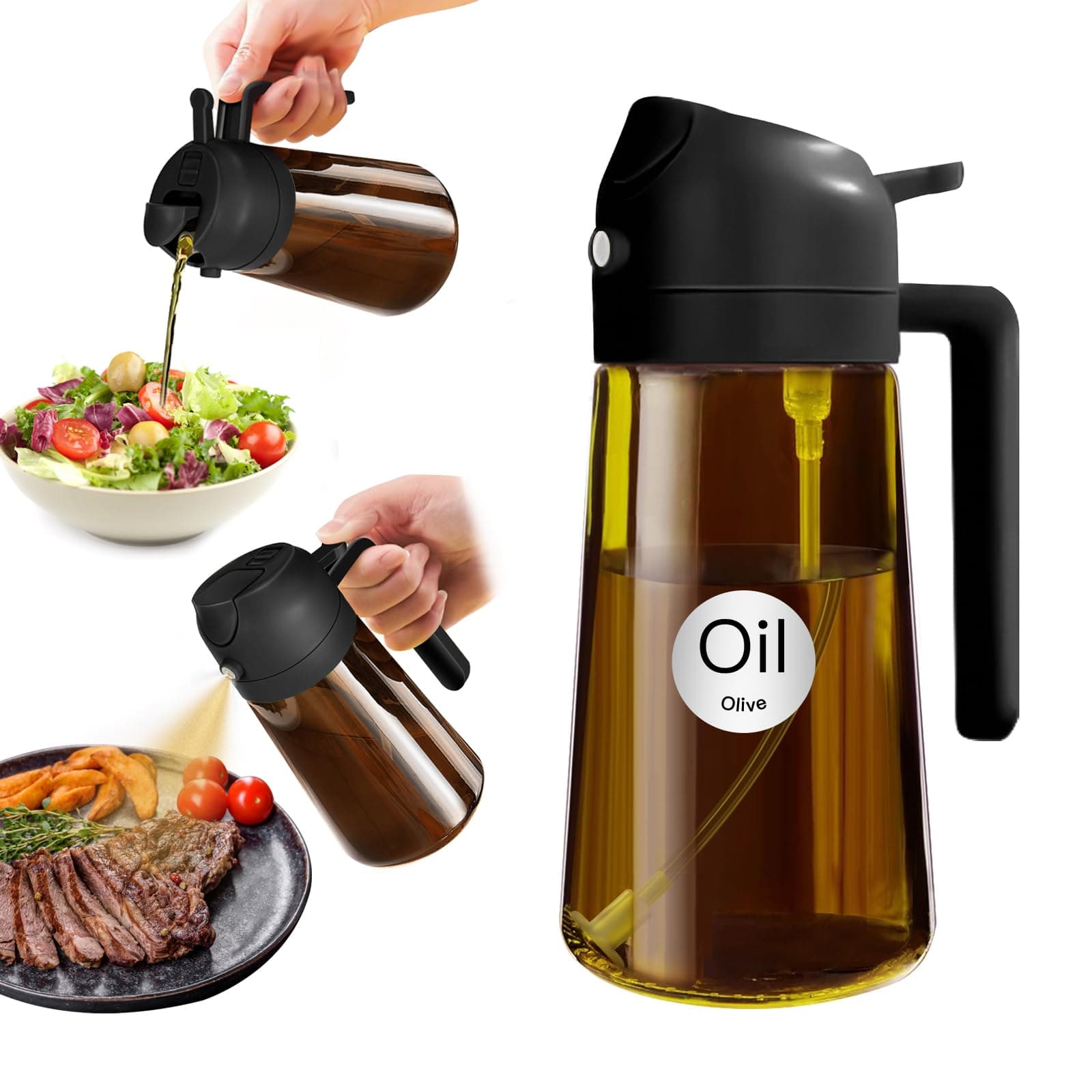 YARRAMATE Dispensador de Aceite de Oliva Juego con Scuro Protezione Dalla Luce, 470ml 2 en 1 Spray de Cocina, Ámbar Pulverizador de Aceite de Calidad Alimentaria para Cocina (Negro)