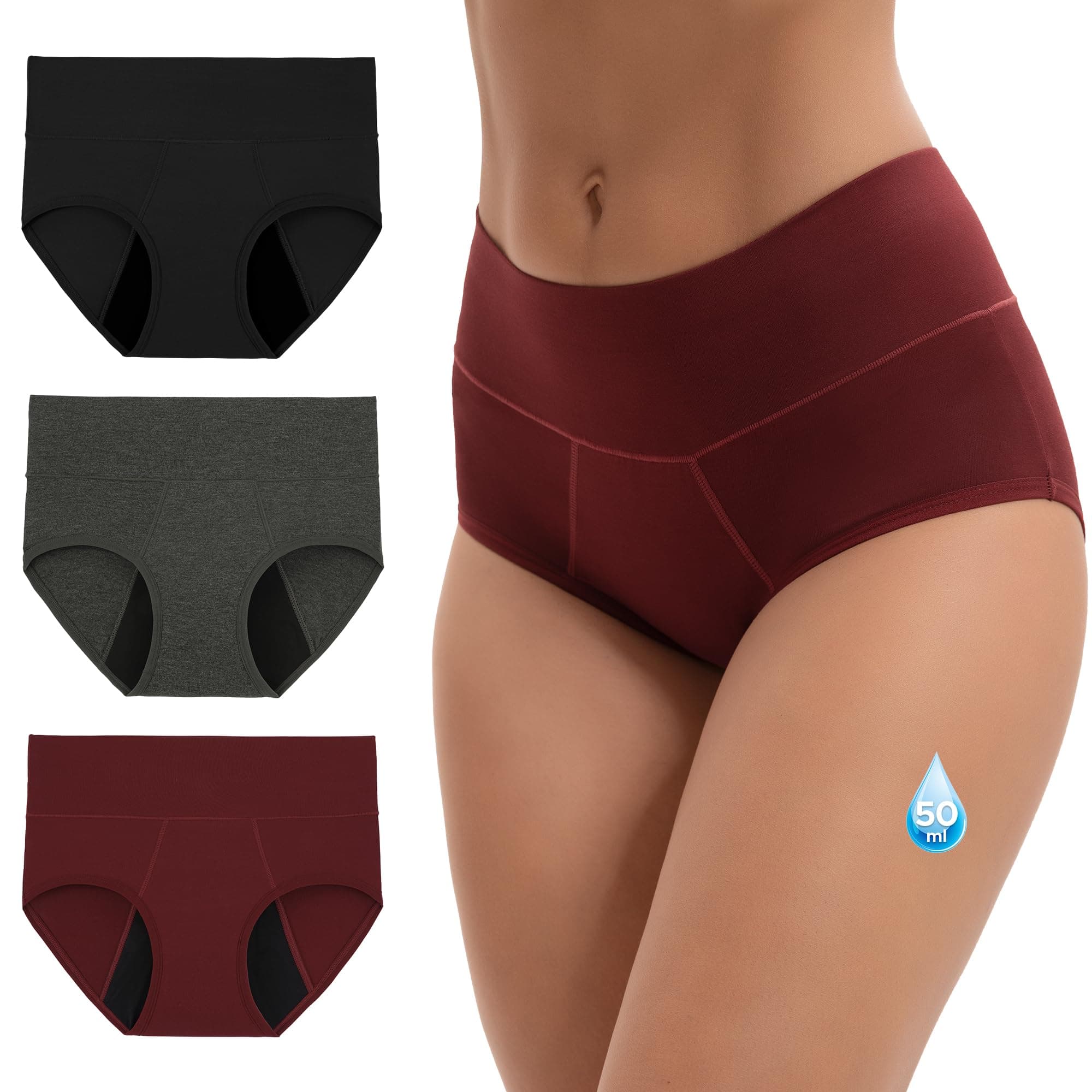 INNERSY Bragas Menstruales Mujer Flujo Abundante Braga Menstrual Bambú Cintura Alta Lavables Pack de 3