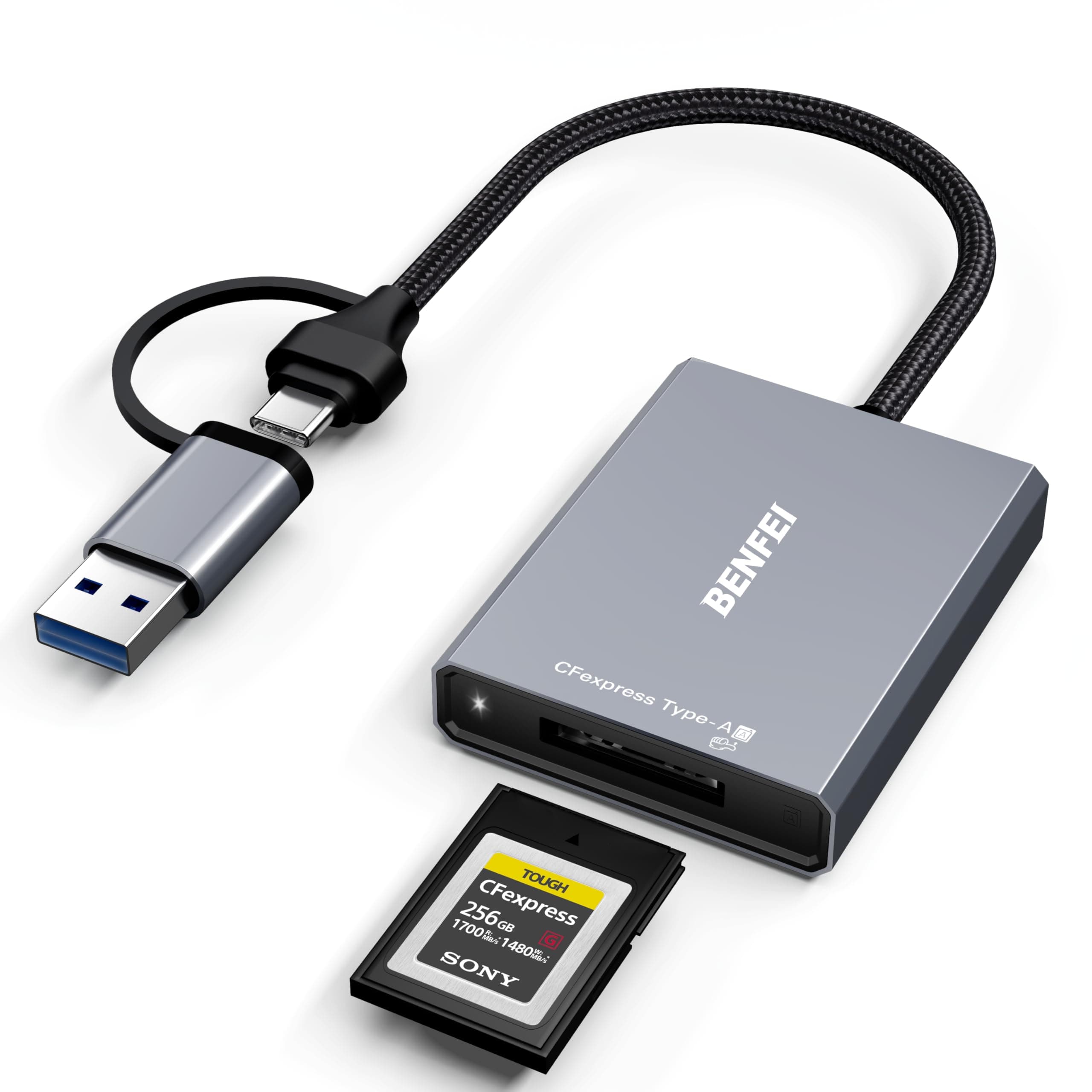 BENFEI Lettore di schede CFexpress tipo A con USB 3.2 (Gen 2) 10 Gbit/s, adattatore 2-in-1 USB-C&USB-A CFexpress tipo A, compatibile con Windows/Mac/Linux/Android