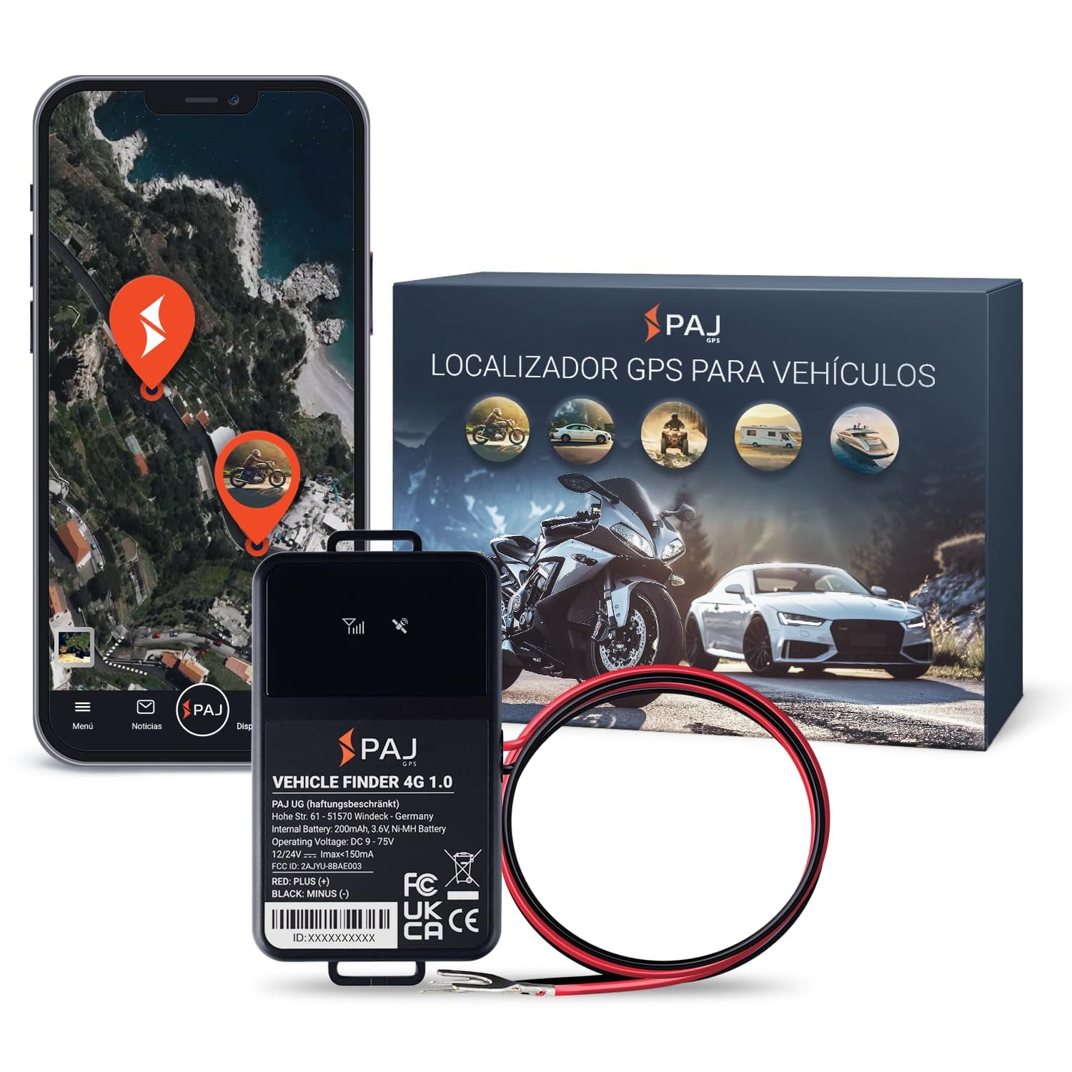 PAJ Vehicle Finder 1.0 - Localizador GPS 4G para Coche, Moto, Camión y Otros Vehículos, Alarmas de Seguridad, Conexión Directa a Batería, Seguimiento en Tiempo Real + Historial de Rutas - Cable 40cm