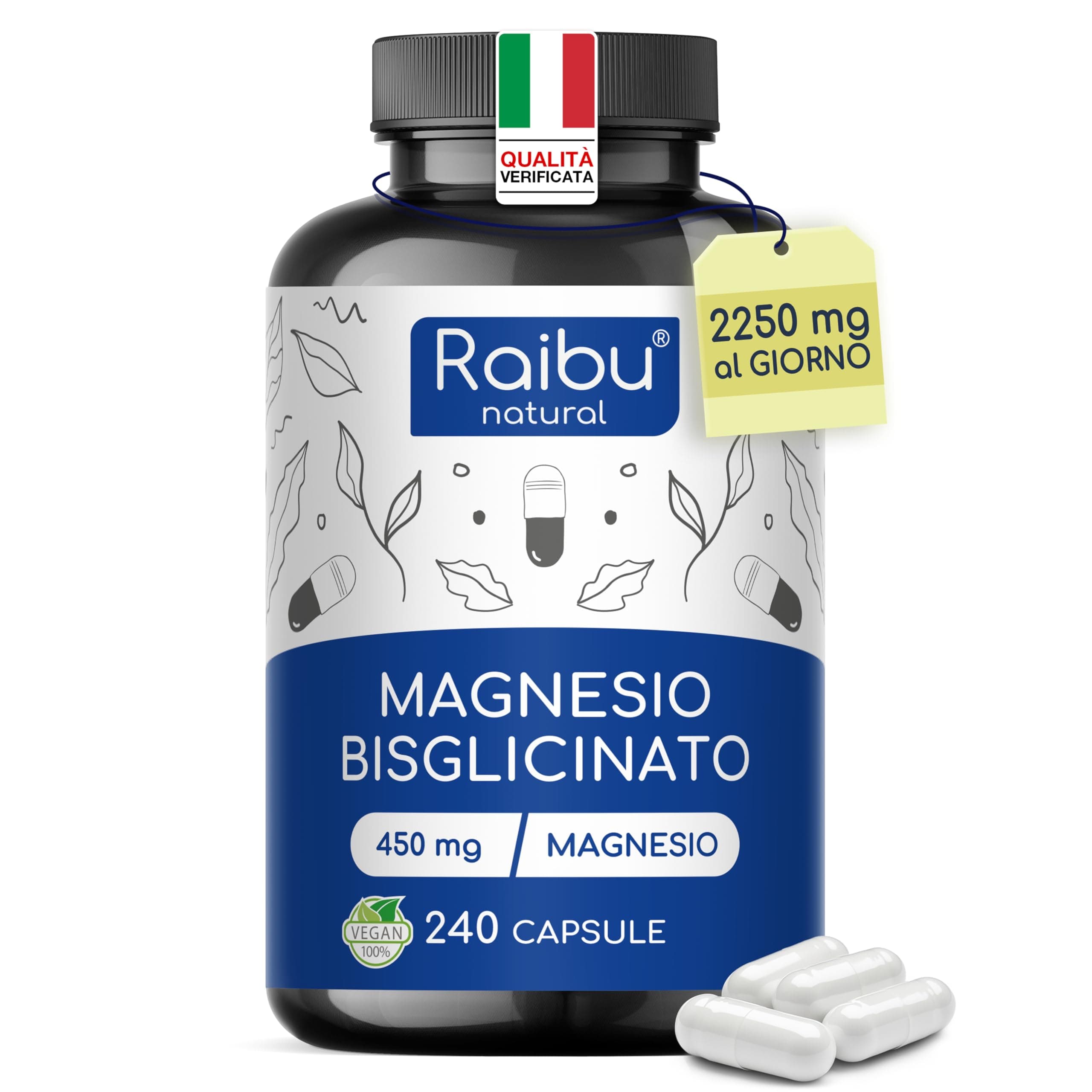 Magnesio Bisglicinato 450 mg al Giorno, Alto Dosaggio – 240 Capsule Vegane – Magnesio che Contribuisce alla Riduzione di Stanchezza e Affaticamento e alla Normale Funzione Muscolare