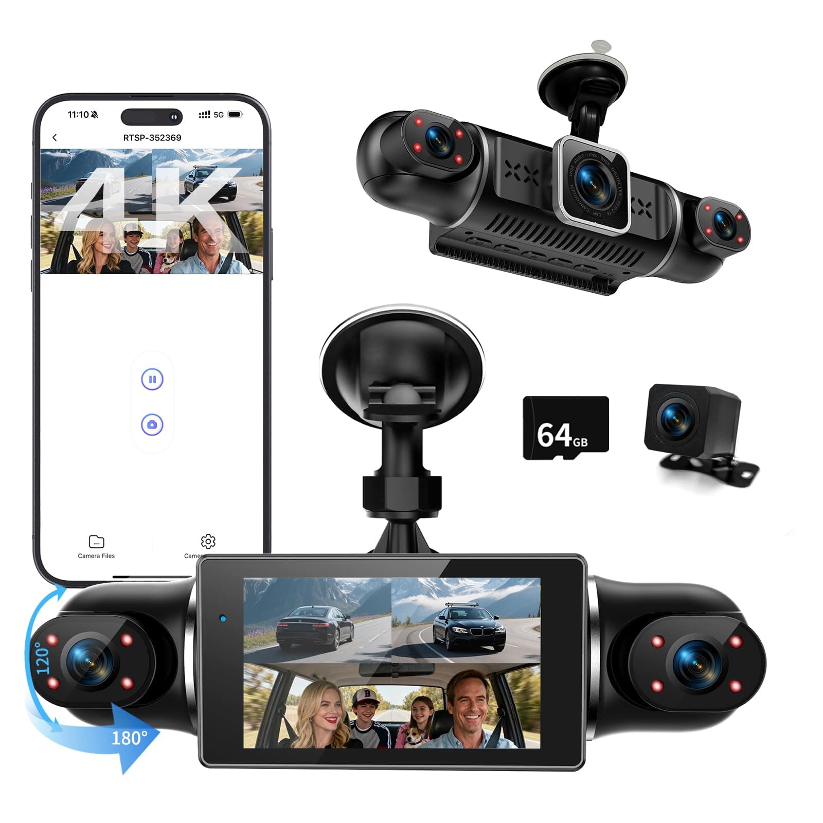 Dashcam Voiture Avant Arriere 4k/1080p,4 Canaux Caméra Embarquée Voiture Avec Carte Sd 64g,Écran Ips 3",24h Mode Parking,Grand Angle 4 X 140°,Vision Nocturne,Wdr,G-Capteur,Enregistrement En Boucle,App