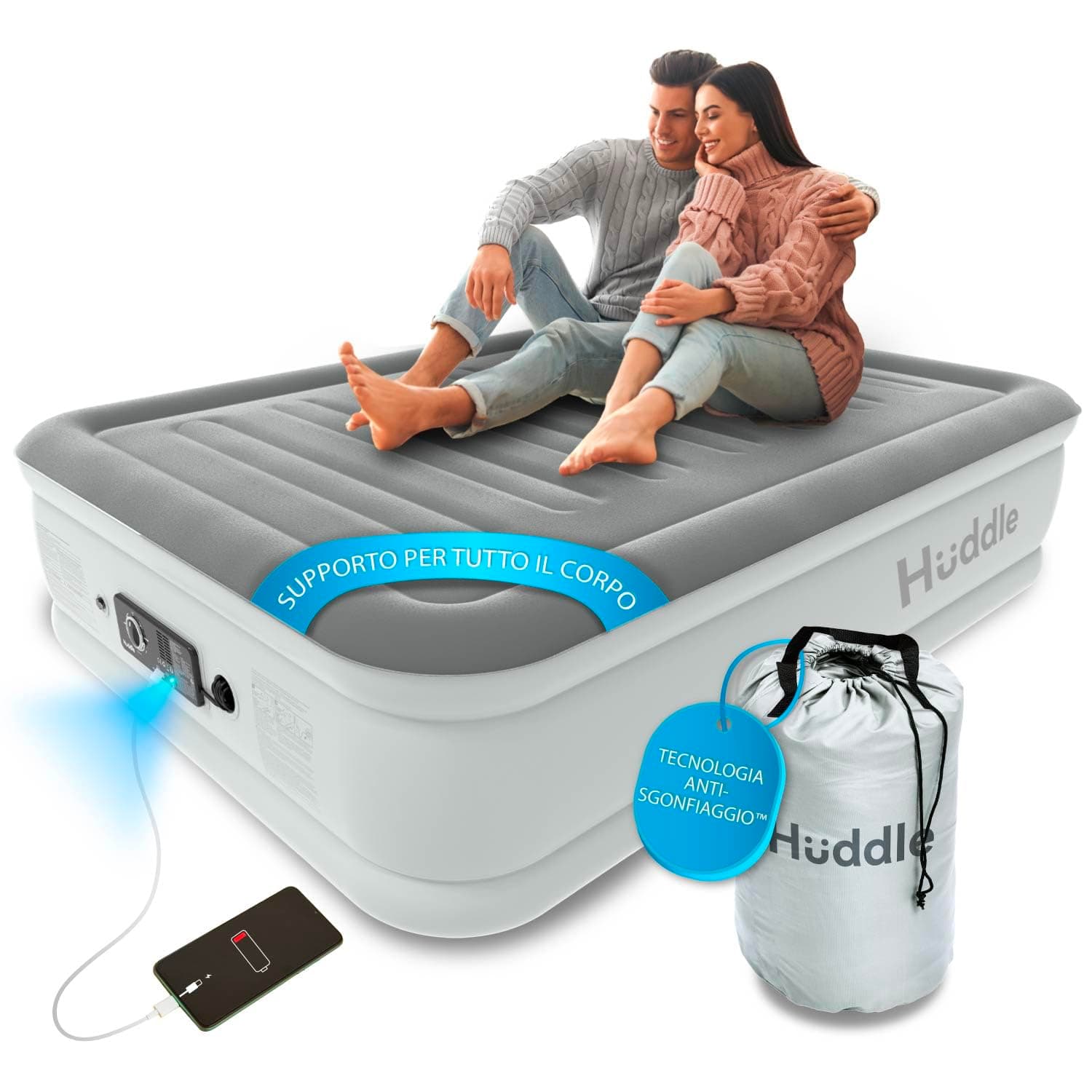 Huddle® NEVER DEFLATE™, lussuoso letto matrimoniale ad aria che non si sgonfia, vincitore Good Housekeeping 2025, con doppia pompa SlumberGuard™, rigidità regolabile e luce notturna USB
