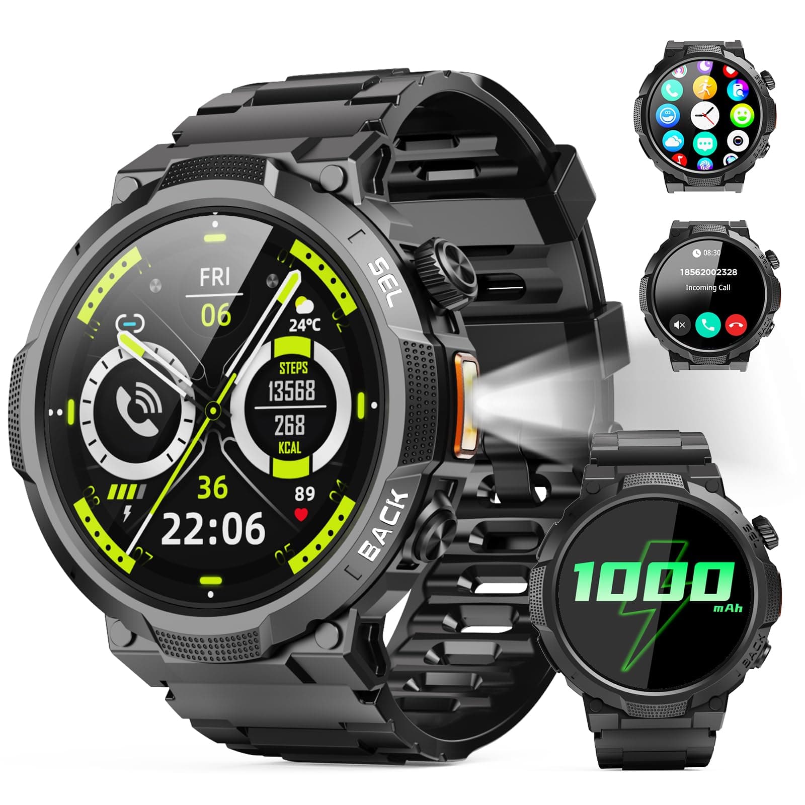 Soudorv Montre Connectée Homme, Militaire Smartwatch avec LED Lampe, Noir | 1000mAh, 1.53" HD avec Appel Bluetooth, Etanche IP68, Fréquence Cardiaque, Sommeil, 110+ Sportifs, Montre pour Android iOS