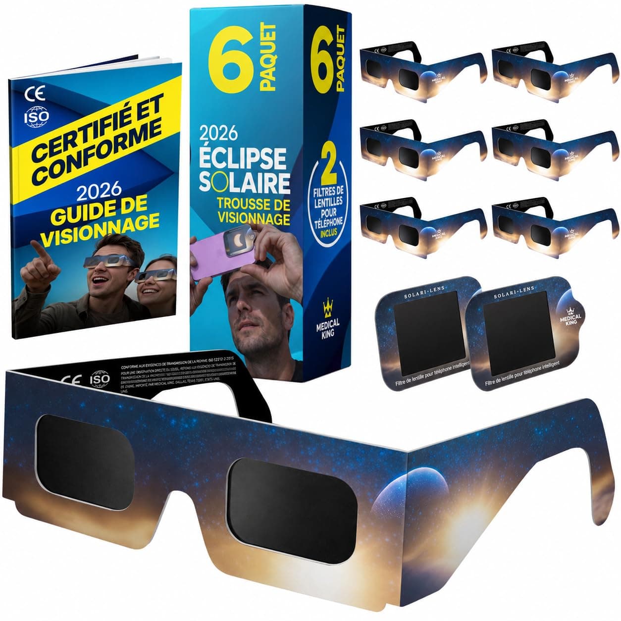Lunettes Eclipse Solaire 2026 – Lot de 6 Paires Premium avec 2 Filtres Solaires pour Smartphone, Lunettes Eclipse Solaire ISO 12312-2, Certifiées CE, Protection des Yeux pour l'Observation du Soleil