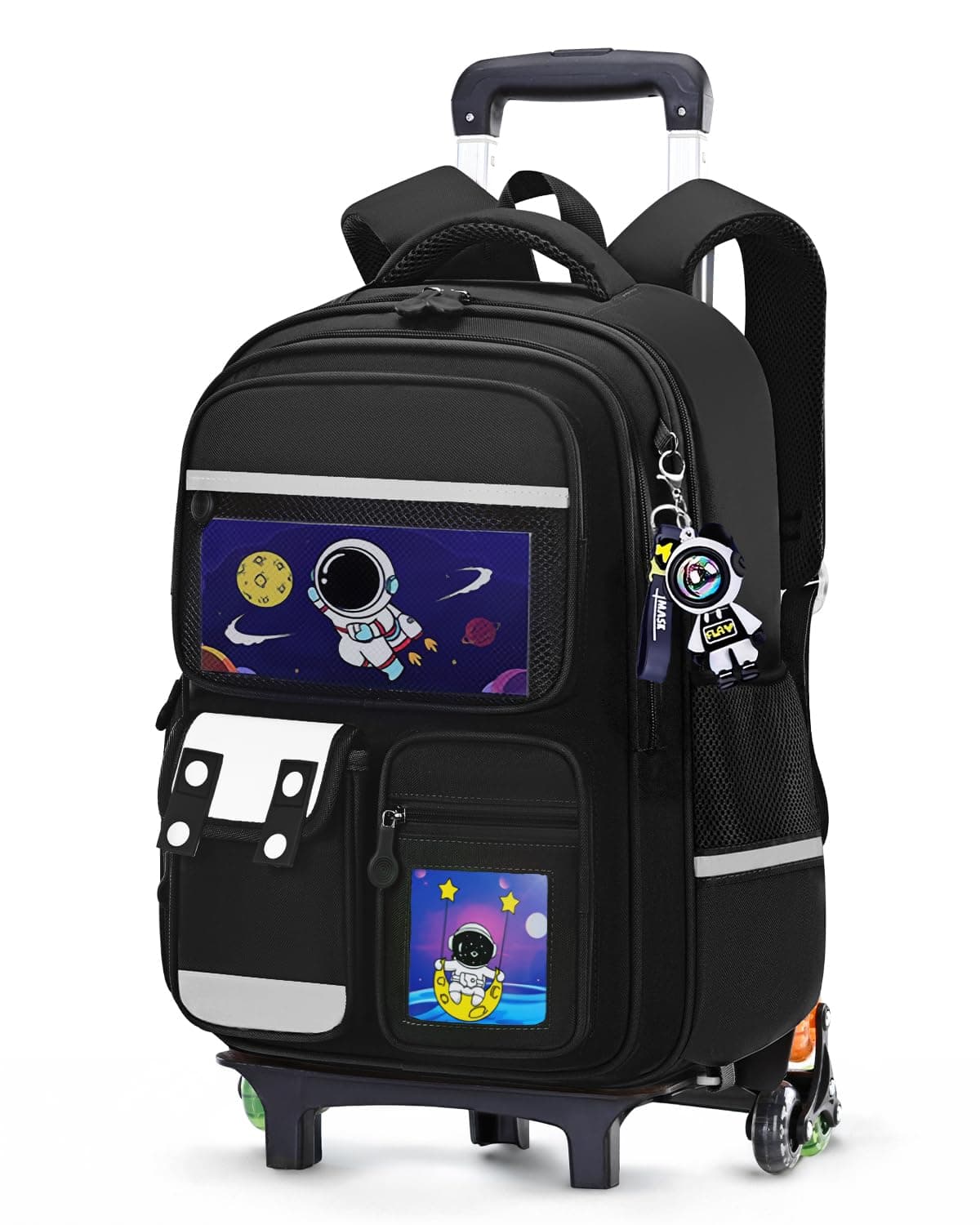 Amythe Cartable à Roulettes Garçon 6-10 Ans, Sac à Dos École Primaire avec Chariot Démontable, 6 Roues, 20L Sac D'école à Roulettes avec Bandes Réfléchissantes pour Enfants, Noir