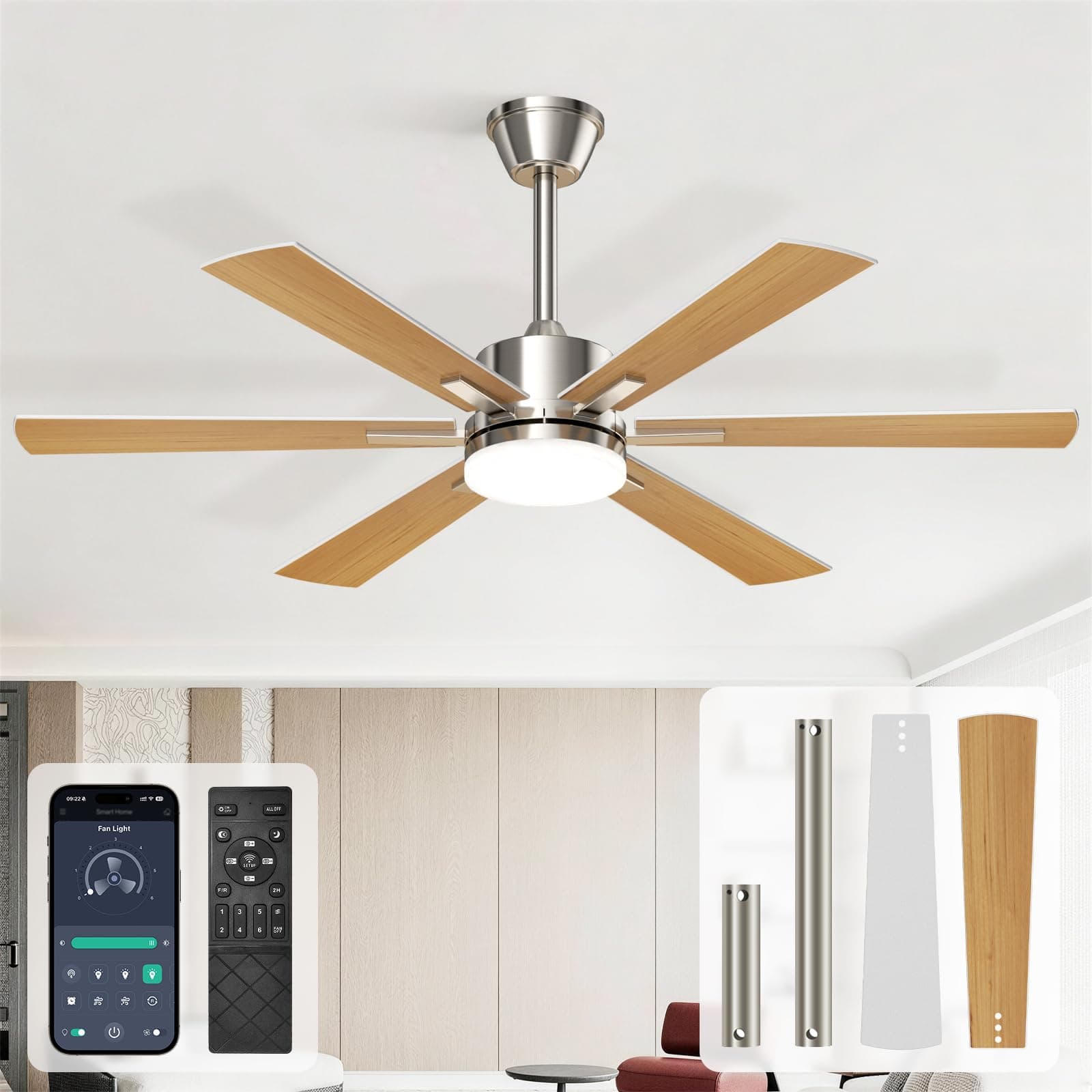 EppieBasic Ventilateur Plafond avec Lumiere Salon: 132 cm Ventilateur Plafond Moteur DC Silencieux avec Télécommande/Appli – 6 Vitesses, Design Moderne, 6 Pales Aspect Bois pour Chambre
