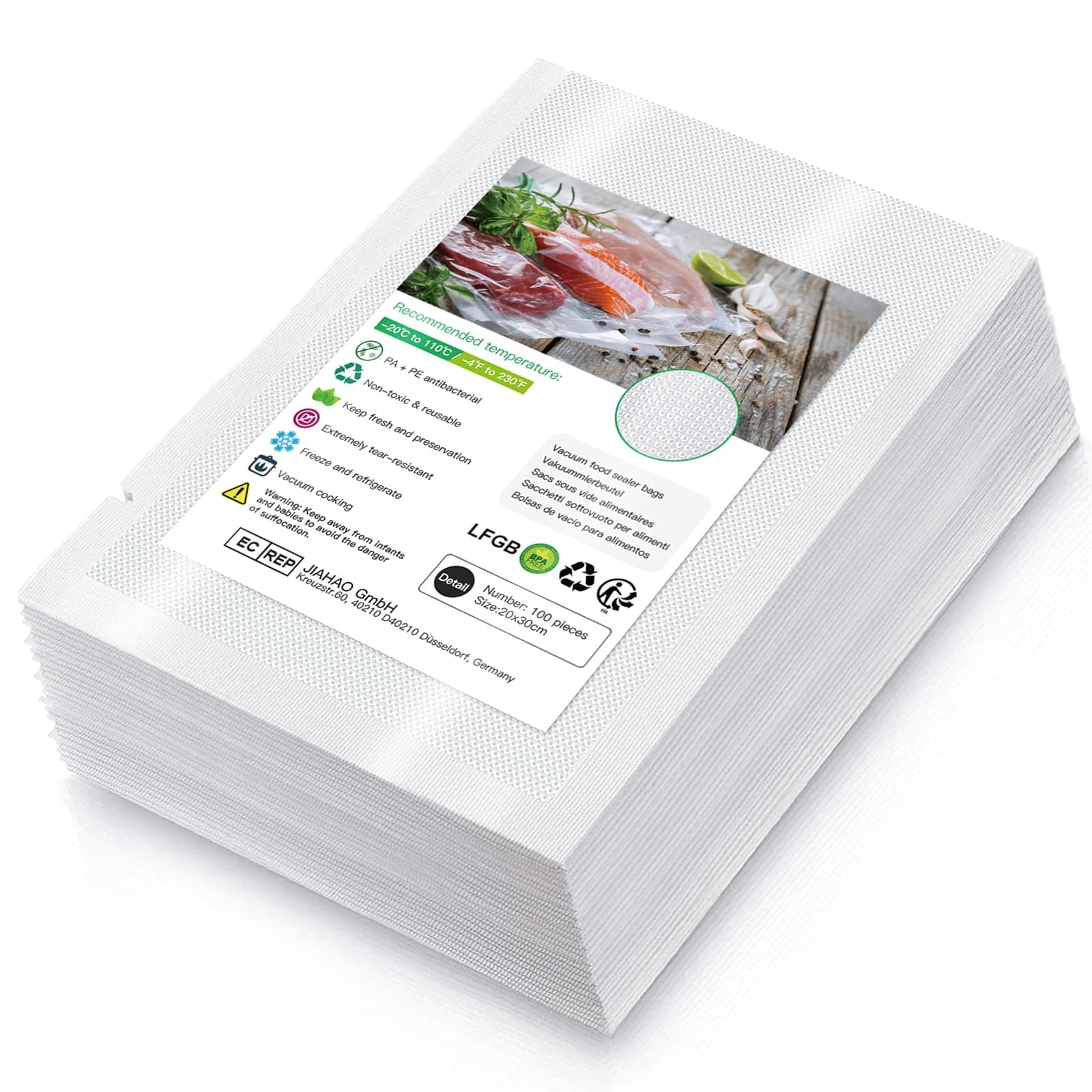 Sac Sous Vide Alimentaire de 100 Sacs 20x30cm Sacs Sous Vide Pack, sans BPA, Certification LFGB, pour Conservation des Aliments, la Cuisson et Cuiseur Sous Vide
