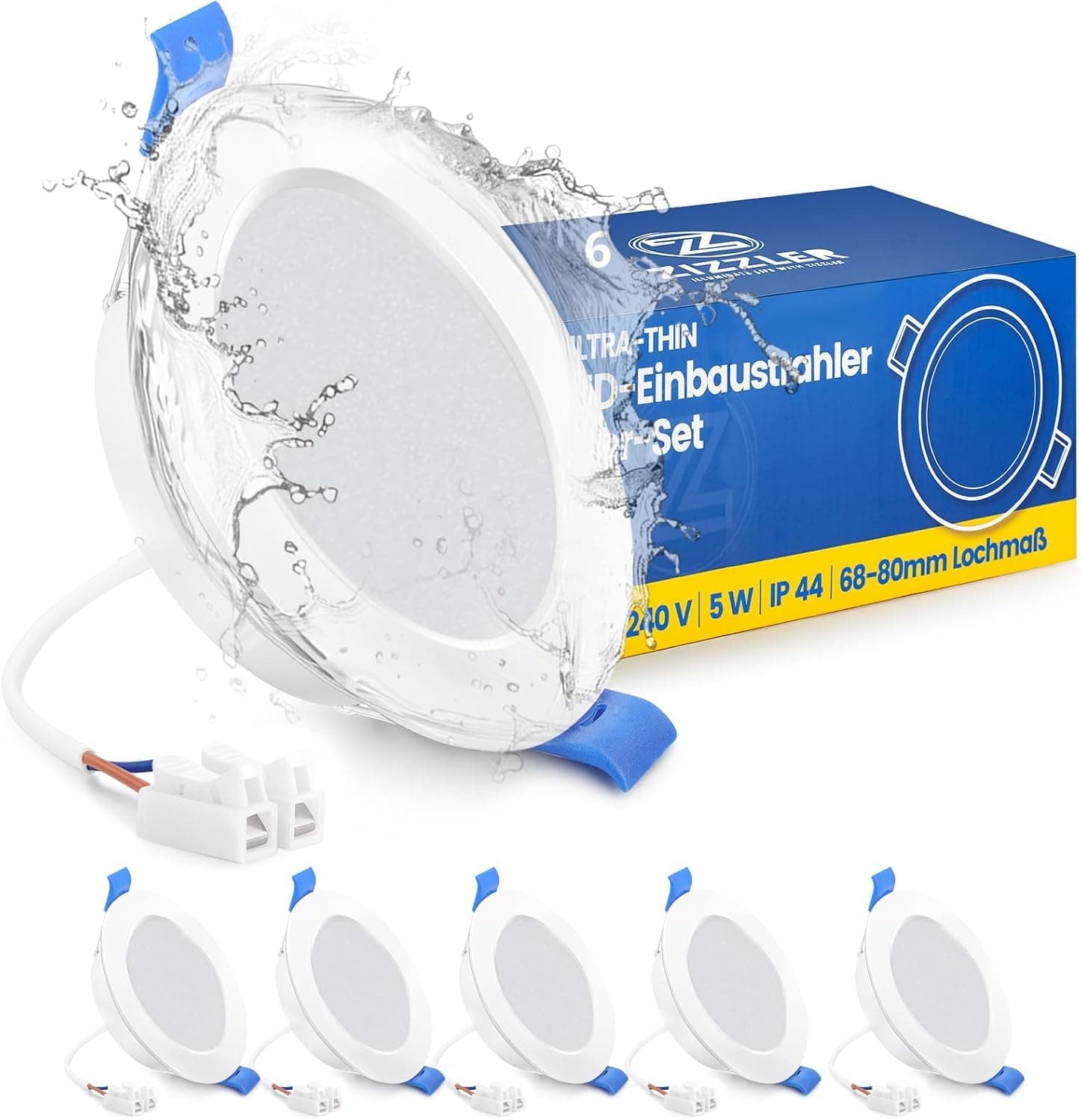 ZIZZLER Spots LED Encastrable Salle de Bain Plafond, Lot de 6, Extra Plat, Trou 68mm, Blanc Froid 6000K, Etanche IP44, 5W, 220V, Diametre 90mm, Interieur Cuisine Bathroom