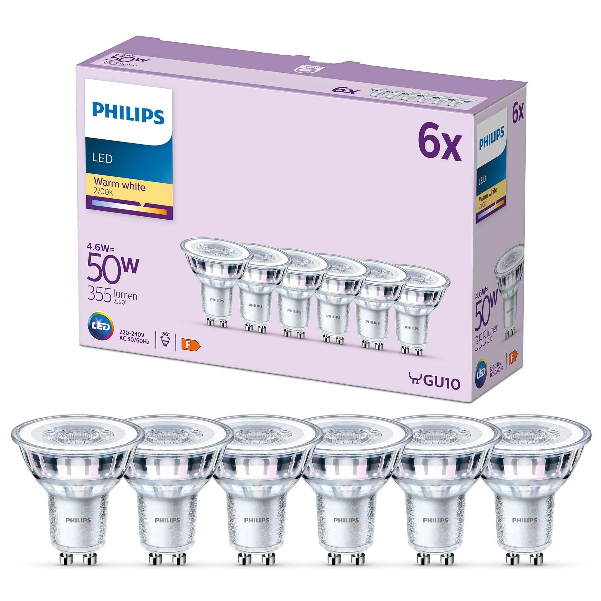 Philips LED Faretto, Luce Bianca Calda, 50W, GU10, 6 pezzi