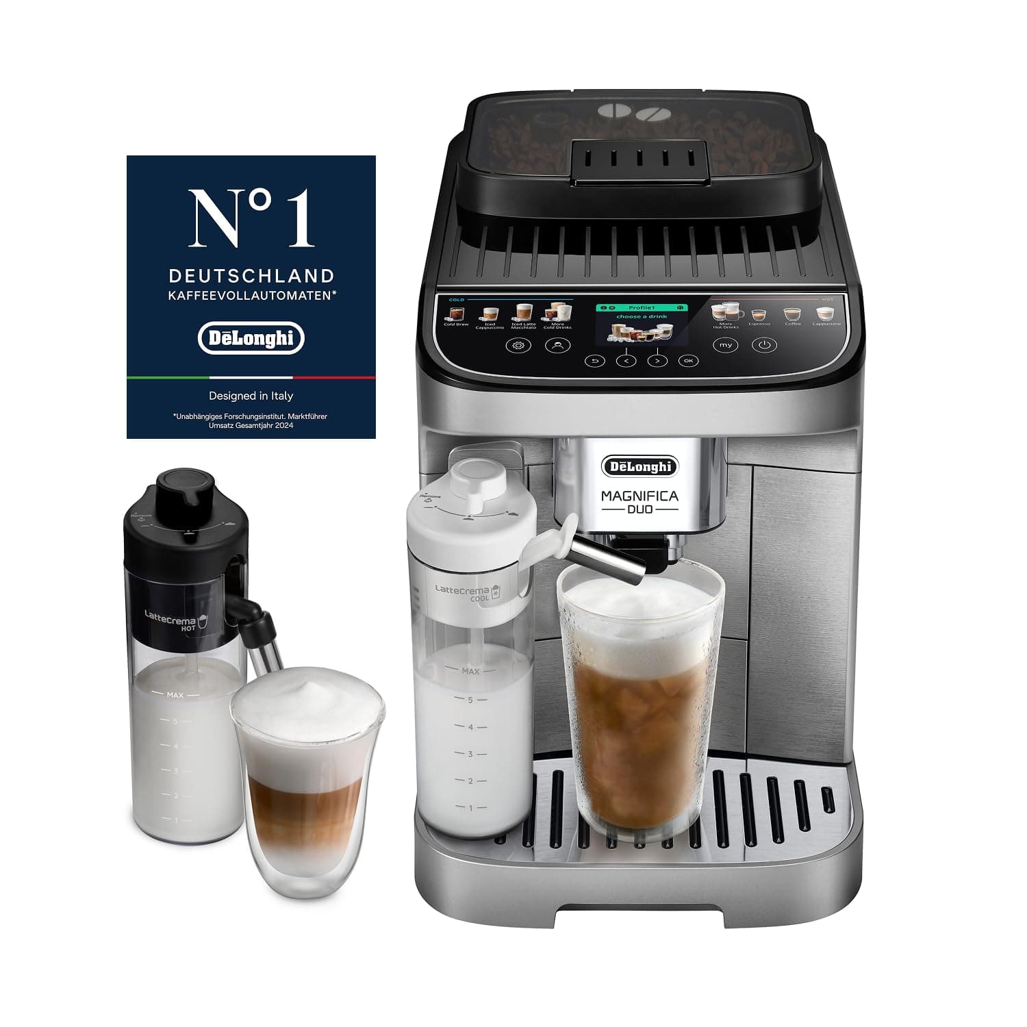 De’Longhi Magnifica Duo – Perfetto Kaffeevollautomat mit LatteCrema, Automatischer Milchaufschäumer, 20 Heiße & Kalte Getränke, Farbdisplay, Silber (ECAM332.80.SXB)