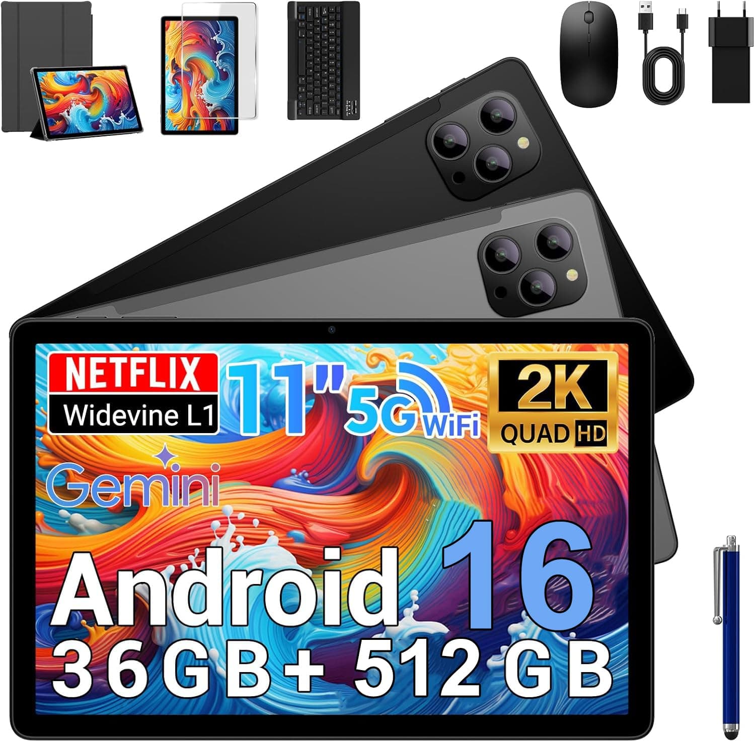BEYNIVAN Android 16 Tablet 11 Pulgadas - Gemini Ai,Tableta Gaming Octa-Core T615,36GB RAM+ 512GB ROM,Widevine L1,1920 * 1200 FHD,8000 mAh,Cámara 16MP+8MP, GPS,Tablet con Teclado,Nero