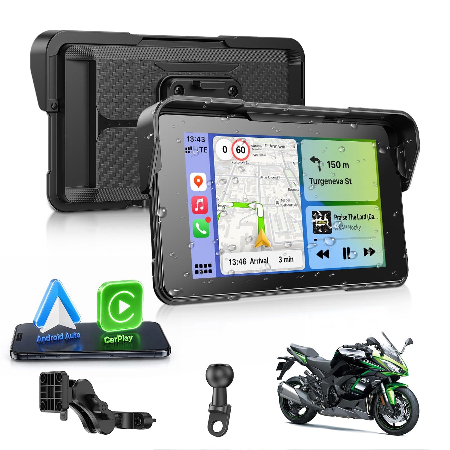 ESSGOO 5 Pulgadas Carplay Moto Pantalla TáCtil Android Auto Inalámbrico | GPS Motocicletas Navegación Smartphone,IP67 Impermeable,Audio Bluetooth 5.3 Casco,Asistente de Voz,Alimentación por ACC/USB