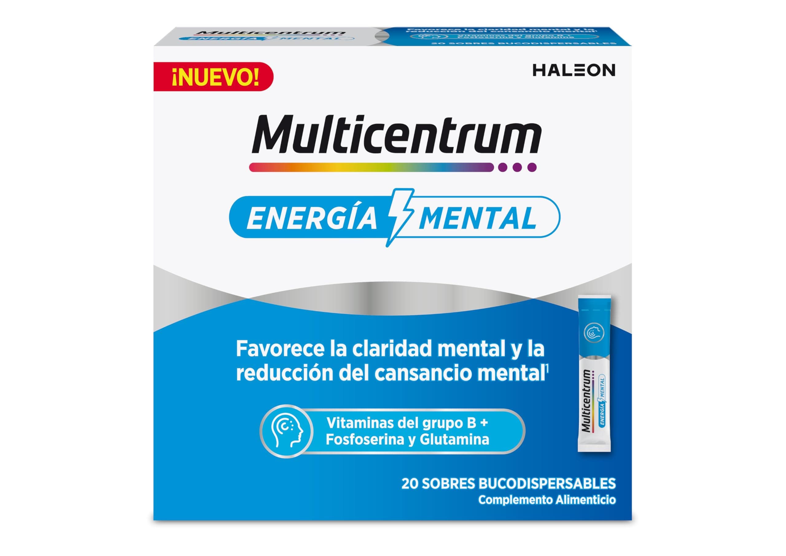 Multicentrum Energía Mental - Complemento Alimenticio con Vitaminas B, Fosfoserina y Glutamina | 20 Sobres Bucodispersables | Sin Gluten, Apto Veganos, Sabor Maracuyá